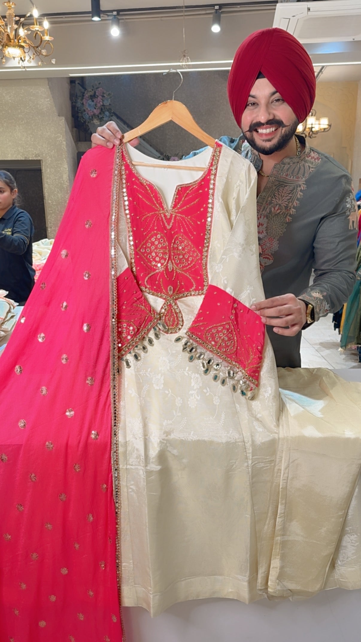 Goldenish Cream & Hot Pink Jaquard Silk Hand embroidered Bell Sleeves Anarkali Suit with Beautiful Chinon Sequins work Duppata