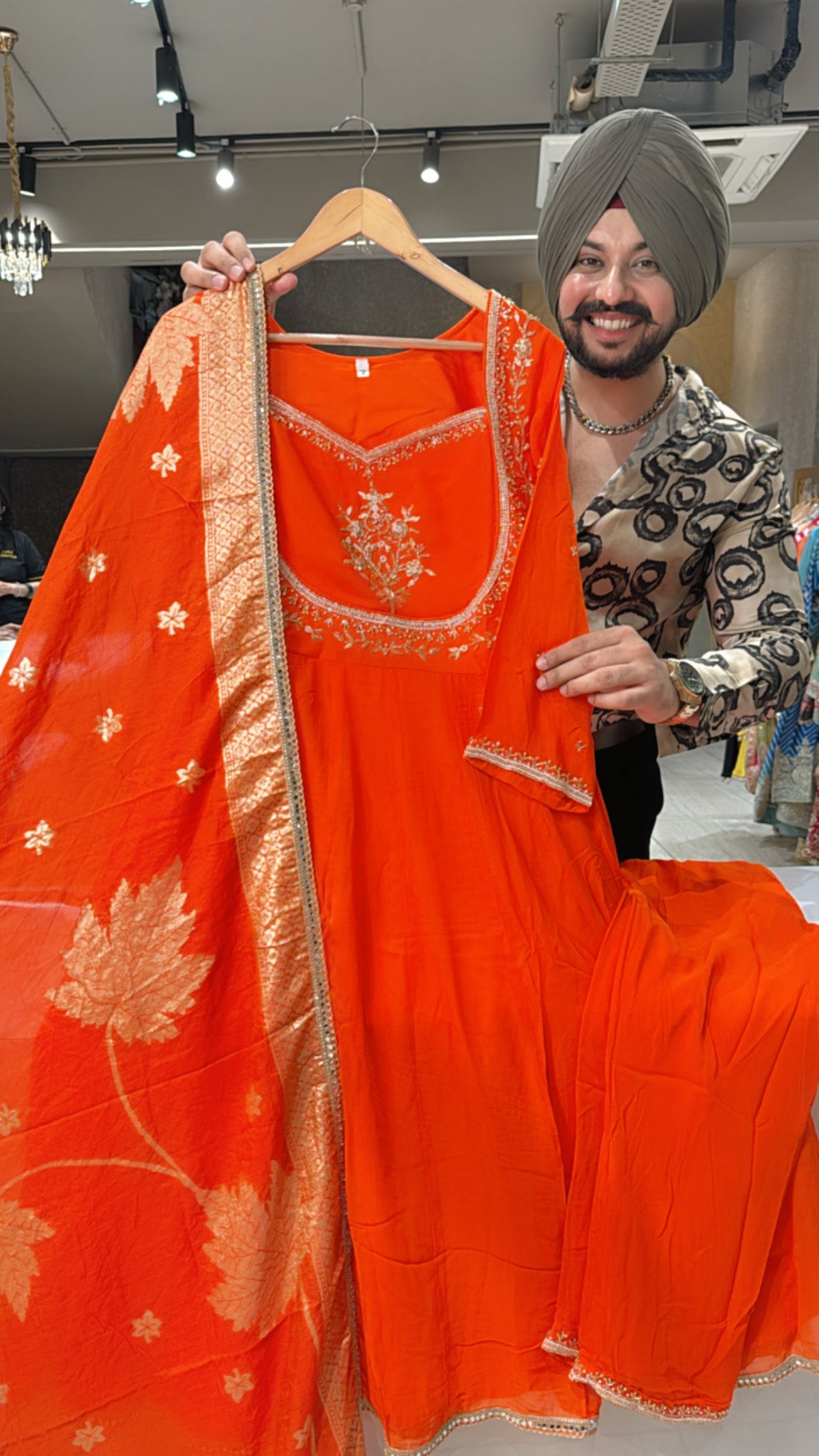 Vibrant Orange Heavy Hand embroidered Party wear Anarkali Suit with Banarasi Look Duppata