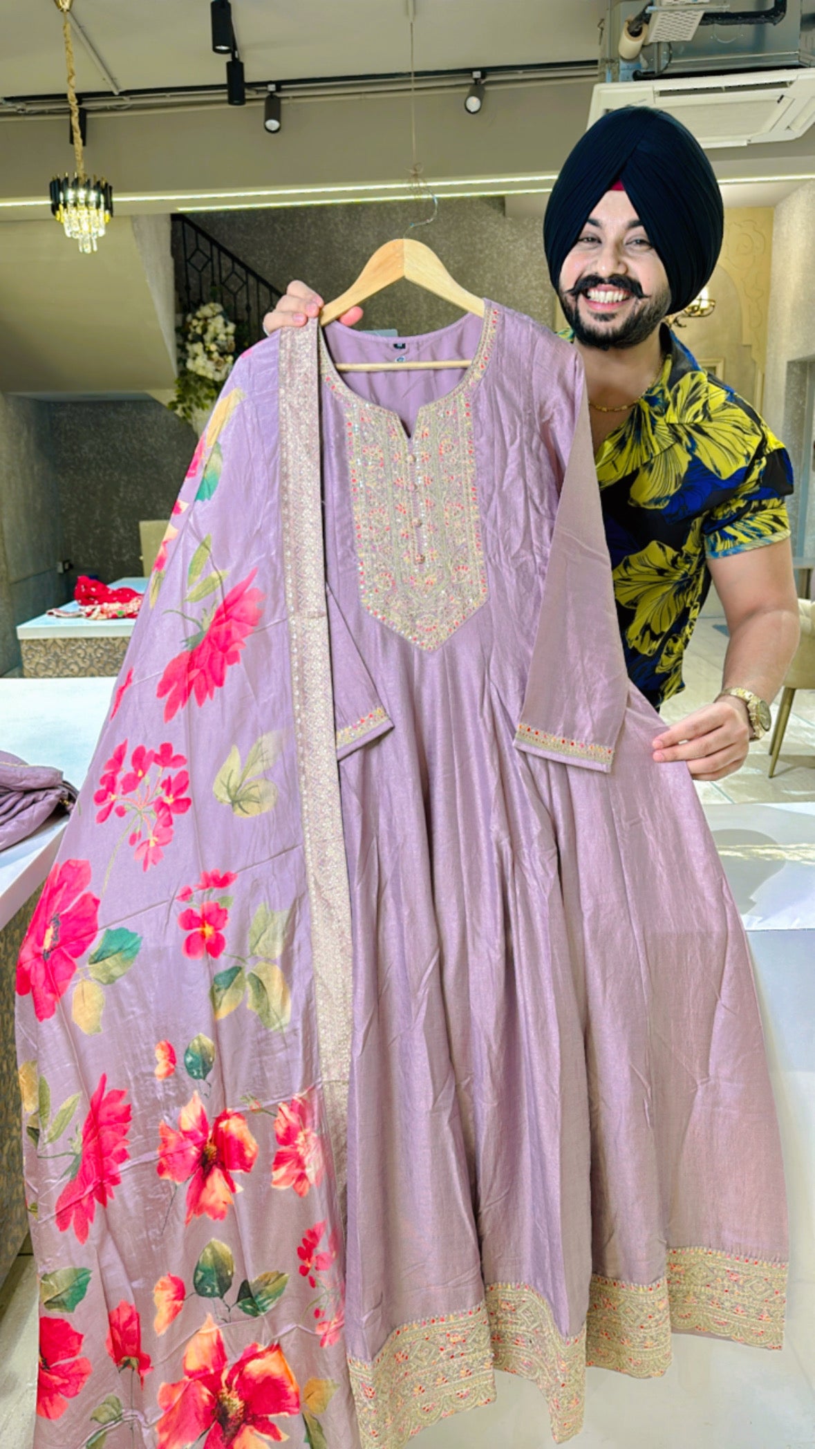 Mauve Chinon embroidered Anarkali Gown with Beautiful Digital Floral Print Duppata