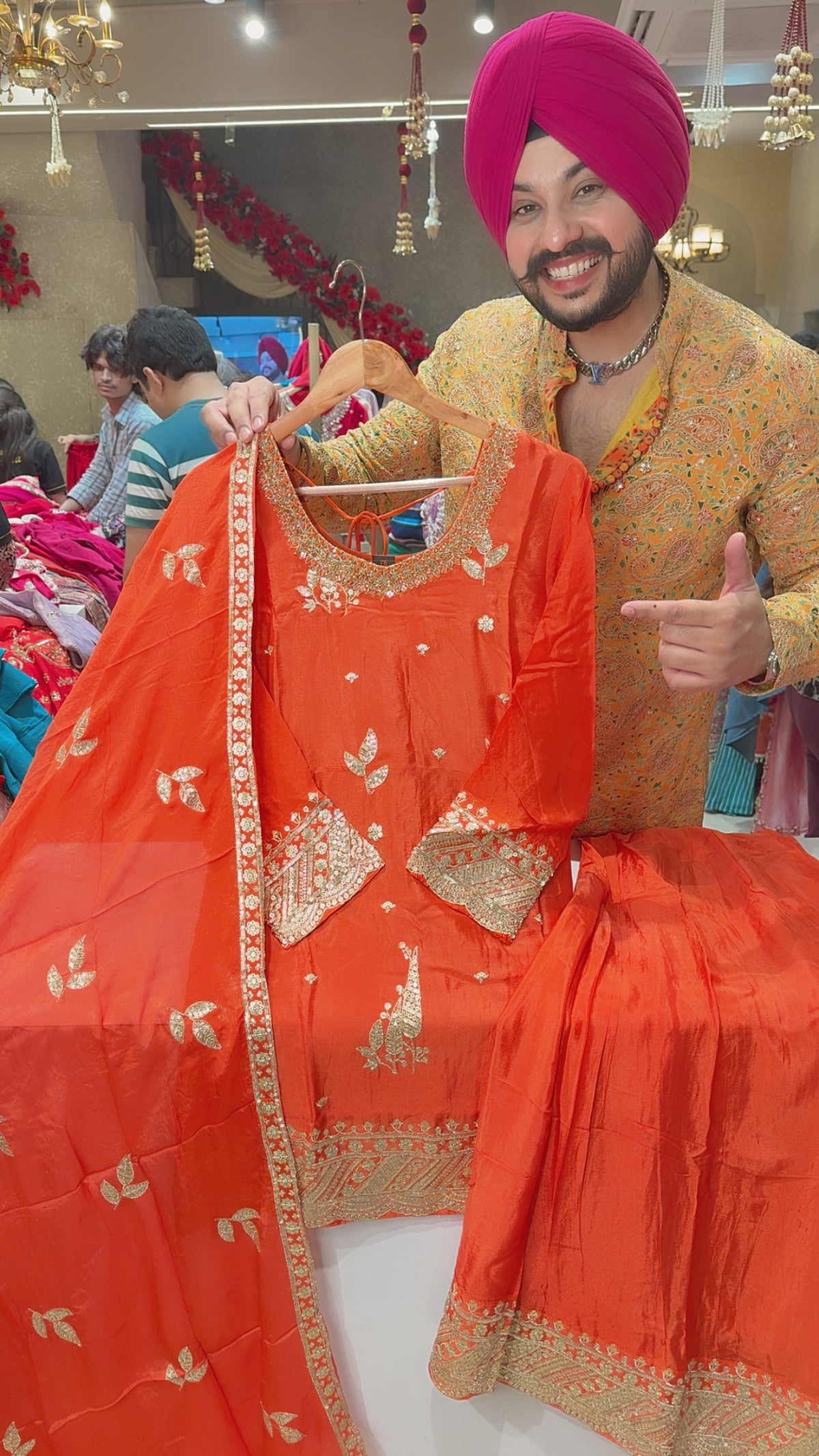 Orange Chinon Fully Embroidered Full Flair Partywear Plazo Suit