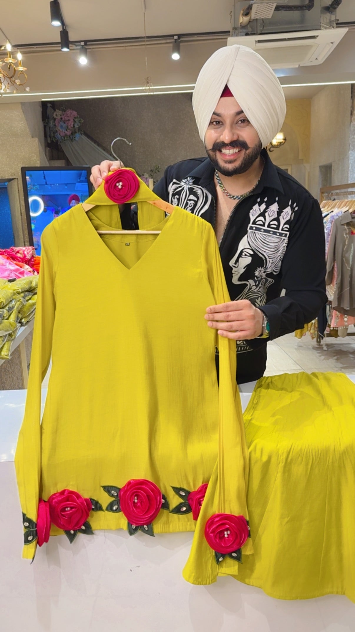 Yellowish Green Mal Chanderi Rose Hand Patchwork Bell Bottom Sharara suit with Necklace Duppata