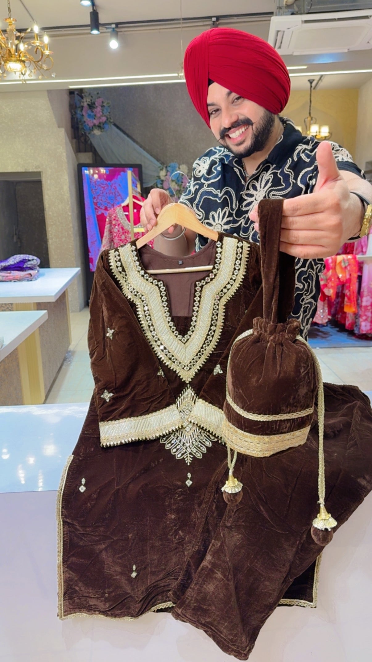 Chocolate Brown Velvet Heavy Mirror & Gotta Work Coord set with Cute Potli