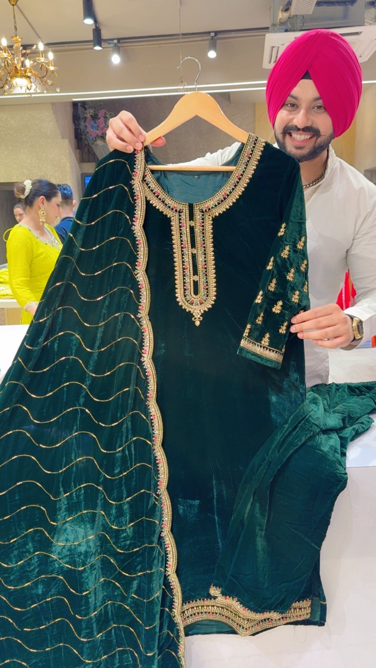 Green Heavy velvet Straight Suit With Beautiful embroidery Work on neck Sleeves & Duppata
