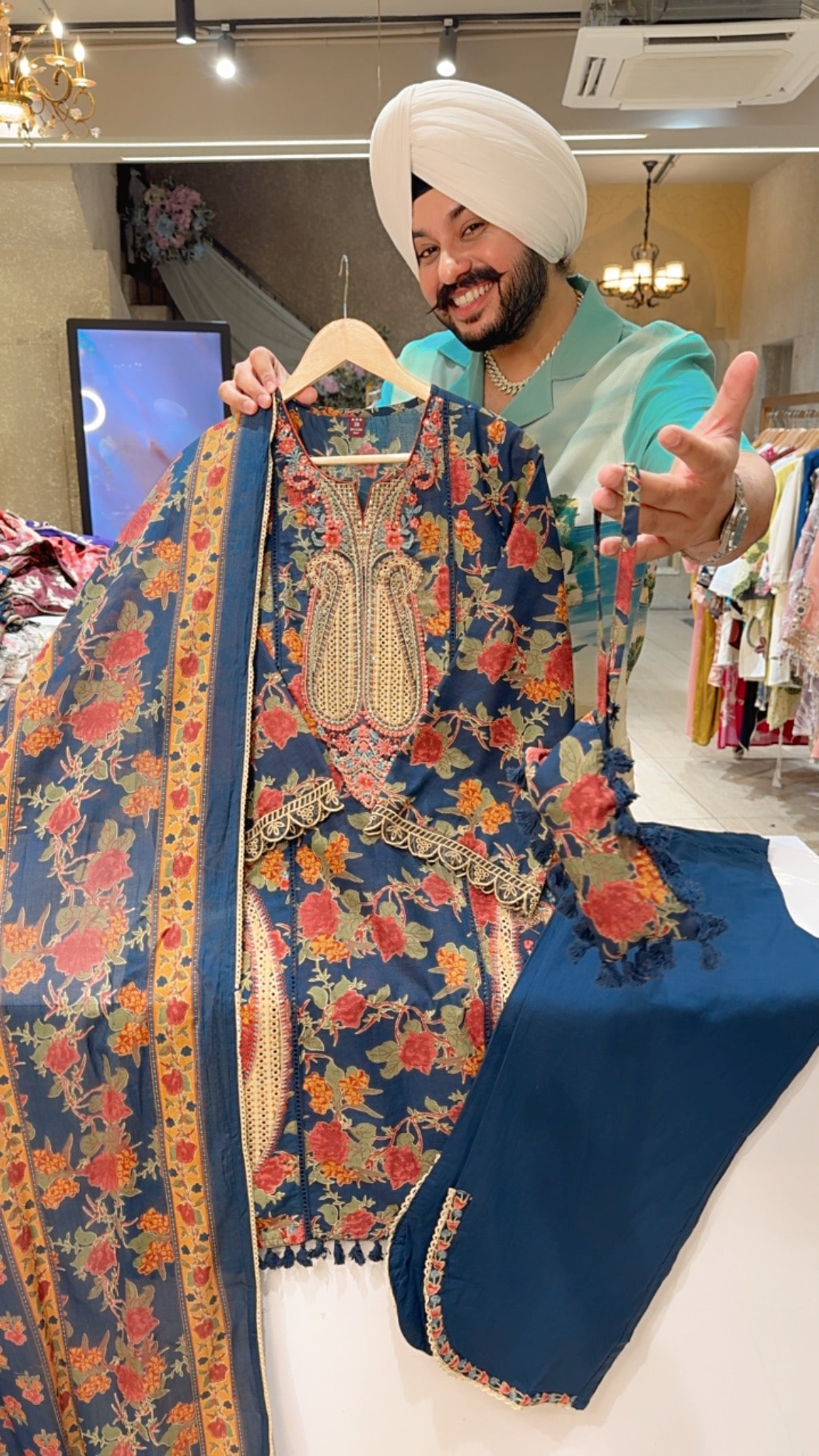 Blue Floral Print Embroidered Pure Cotton Suit with Side Slit Pants & Pouch