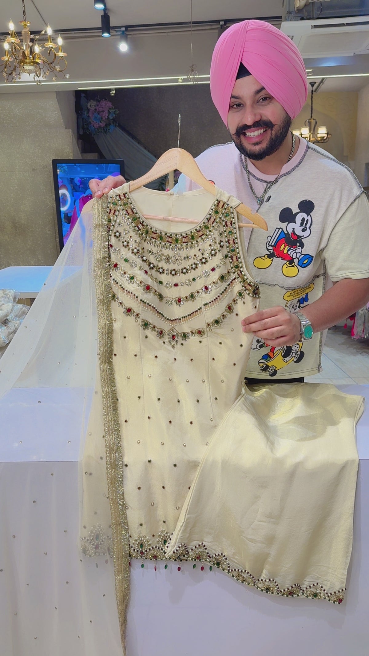 Ivory Colour Shimmer Silk Heavy Kundan & Pearl Handwork BellBottom Indowestern cut sleeves Suit