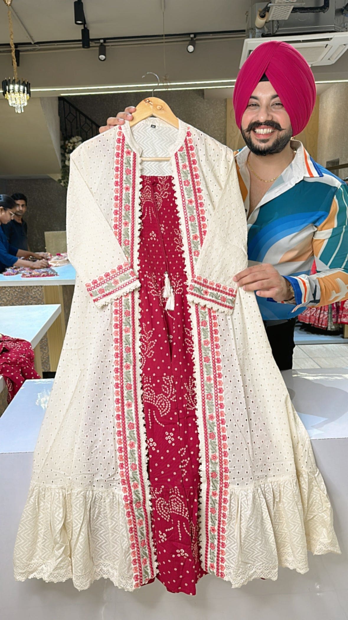 Maroon Rayon Indo western dress with Off white Pure Cotton Embroidered Shrug