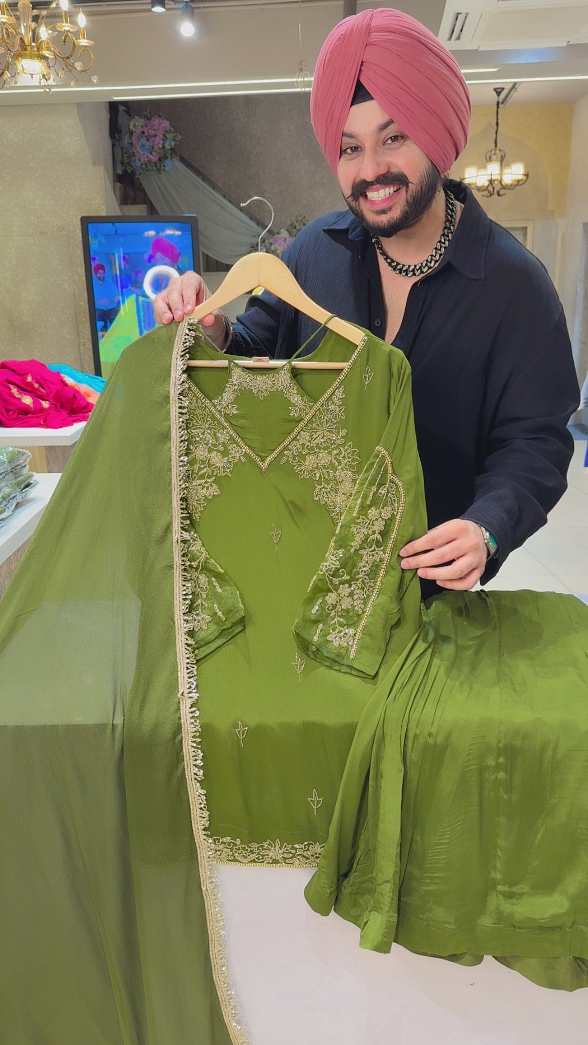 Leaf Green Chinon Hand embroidery Designer Neck & Sleeves Full Flair Sharara suit