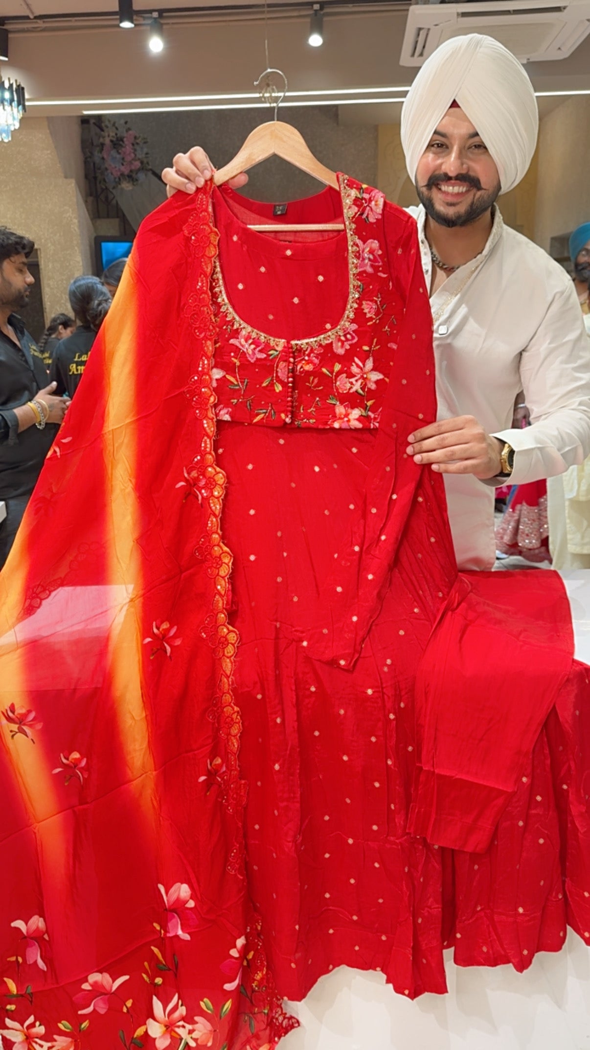Red Chinon party Wear Anarkali suit with Embroidered Short Jacket & Floral Print Organza Duppata