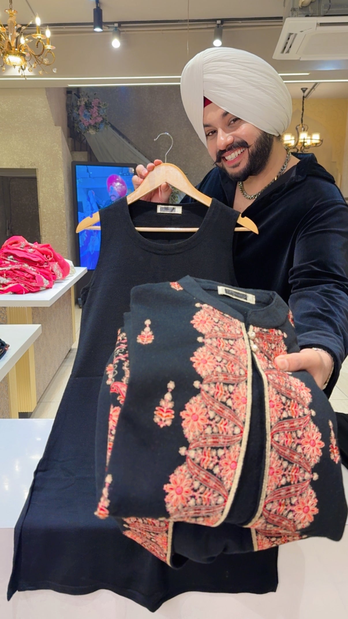 Black Woolen Long length Coord set With Heavy Kashmiri Embroidered Shrug