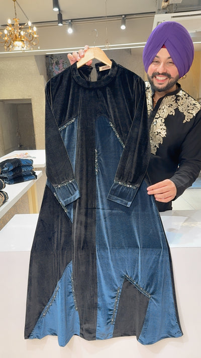 Teel Blue Strechable Velvet long Length A-line Coord set with Heavy embroidered & sequins Work Short Jacket main image 1