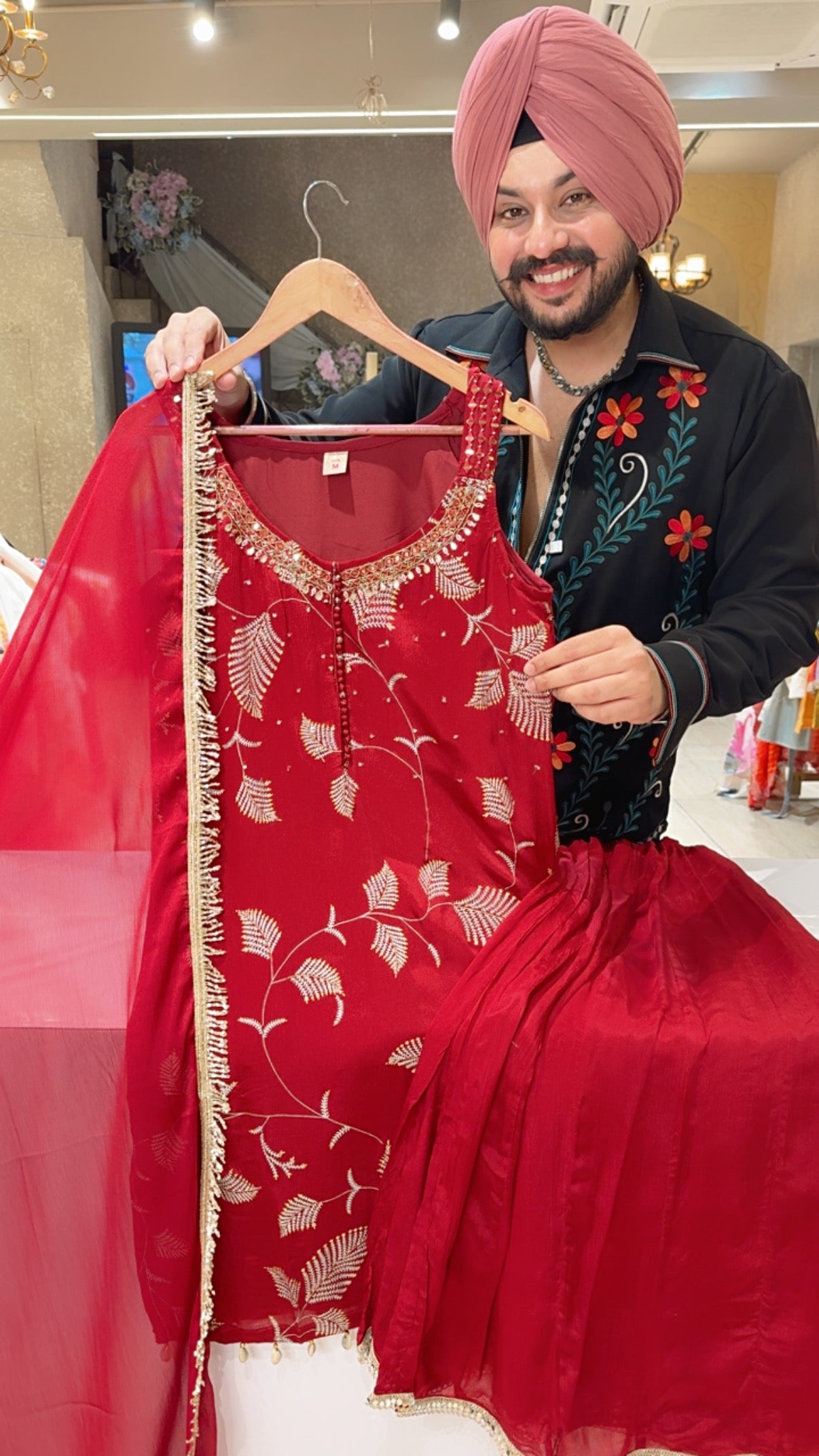 Maroon Chinon Hand Embroidered Cut sleeves Full Flair Sharara Set