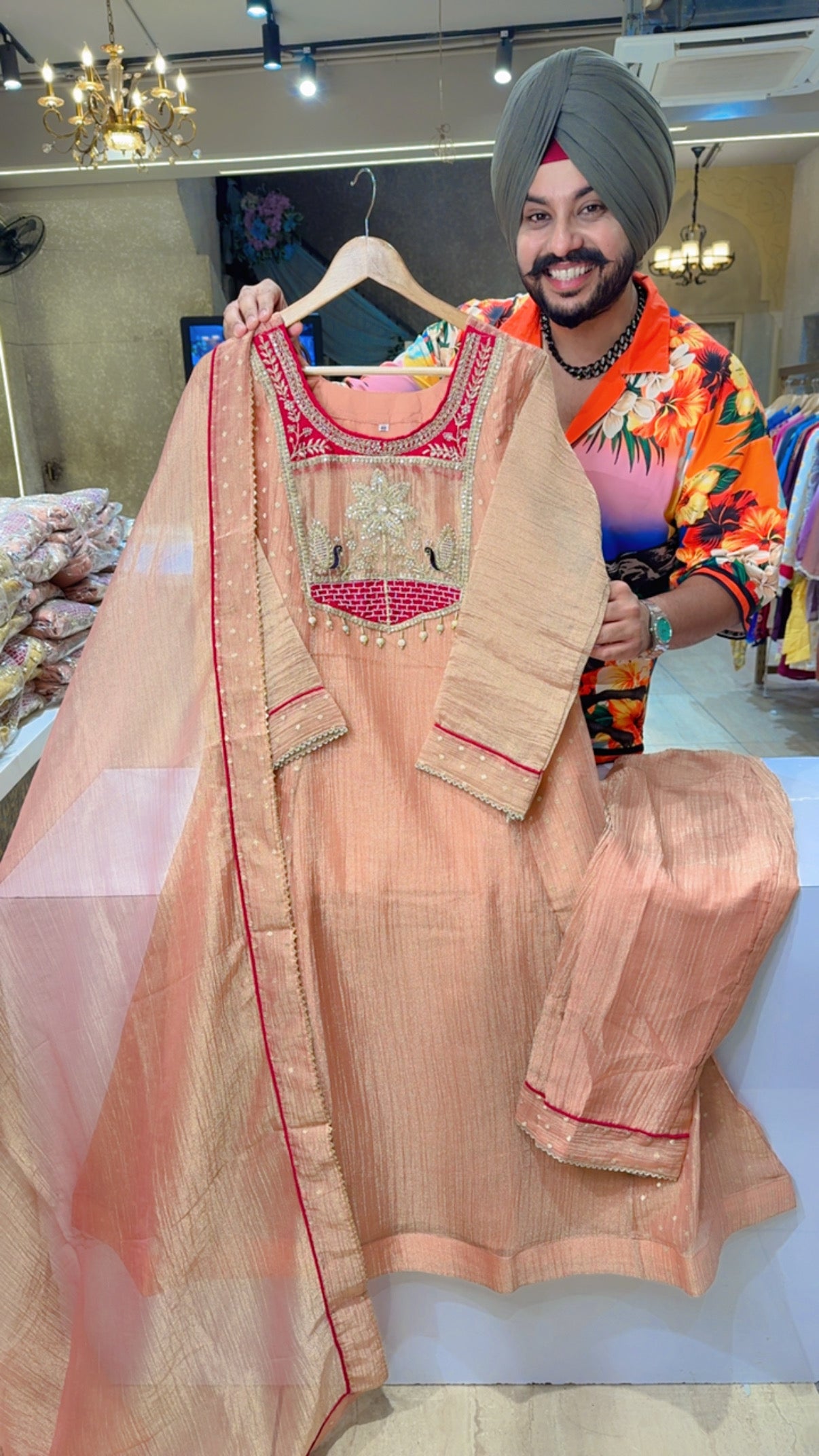Peach Shimmer Silk Tissue Hand embroidered  A-line Partywear Anarkali Suit