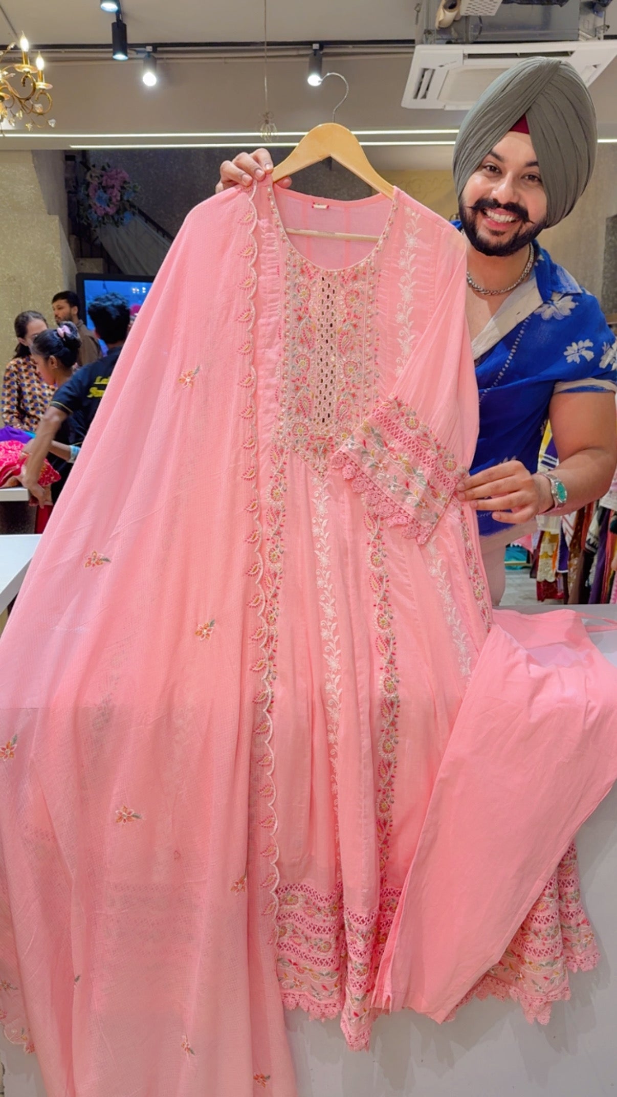 Pink Mal Cotton Fully Embroidered party Wear Anarkali Suit with Beautiful Kota Doria Embroidered Duppata