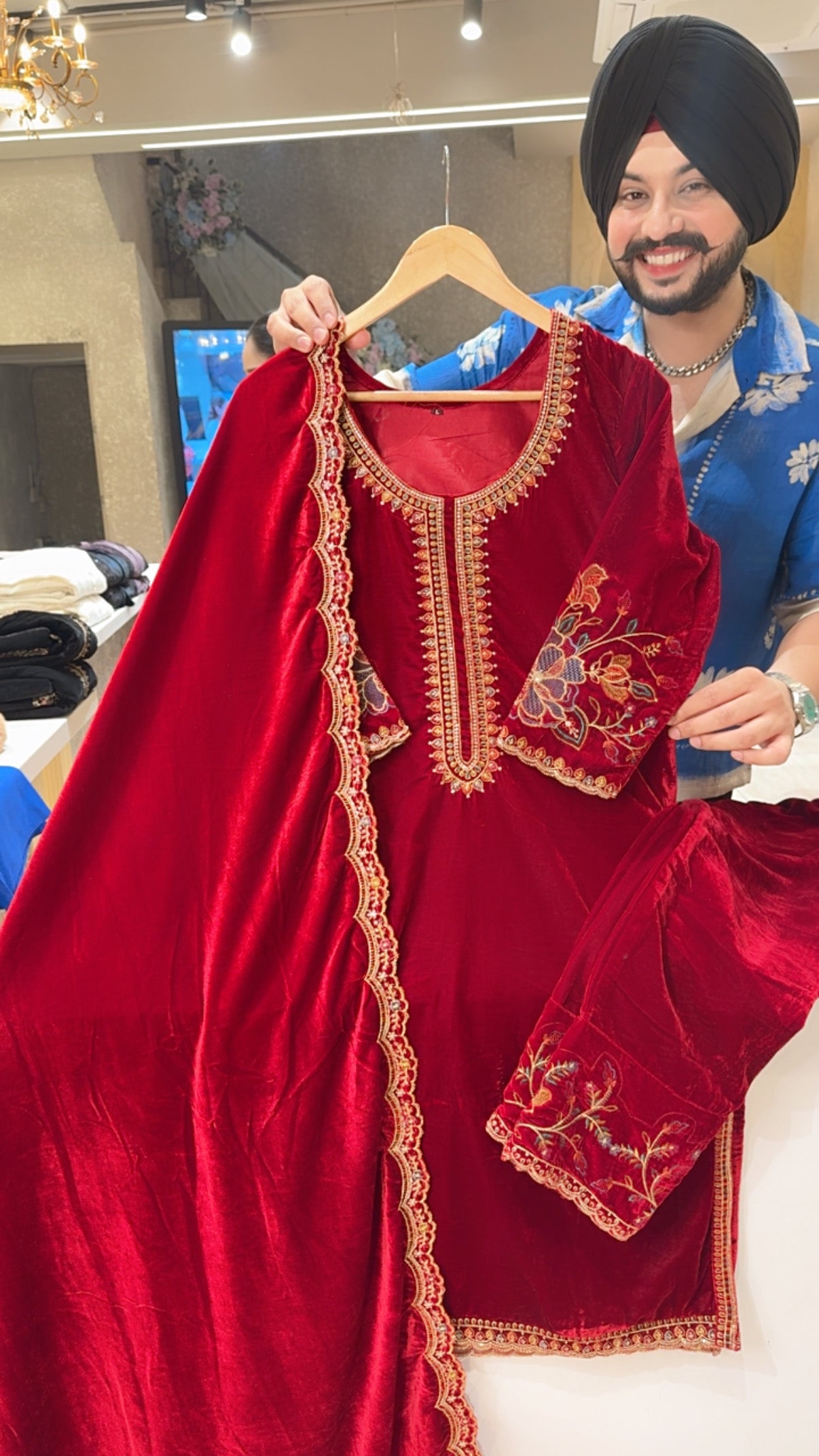 Reddish Maroon Velvet Party Wear Straight Suit with Heavy Embroidery Work on Back