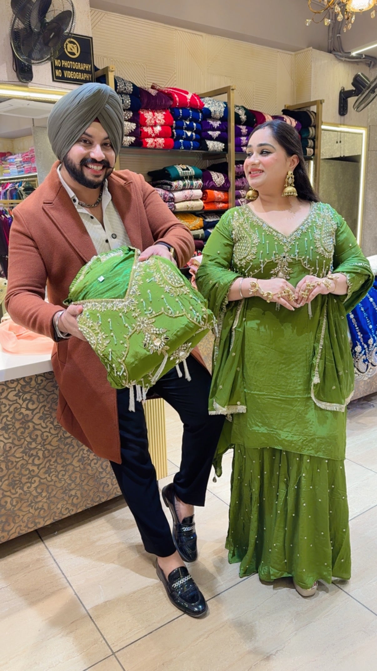 Leaf Green Crepe Designer High Low Hand Embroidered Garara suit with Chinon Duppata