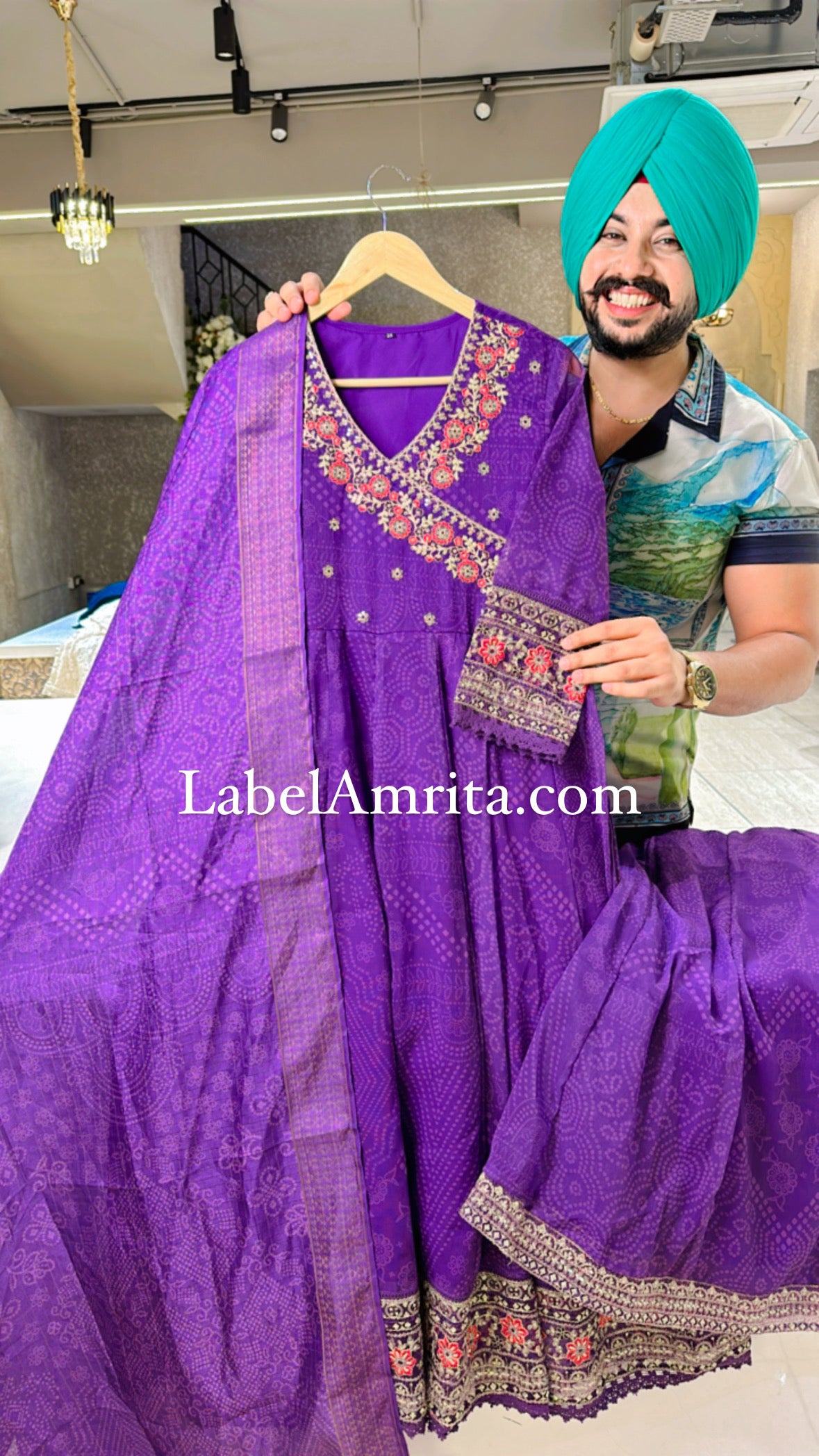 Purple shimmer organza Angrakha Anarkali suit with Sharara