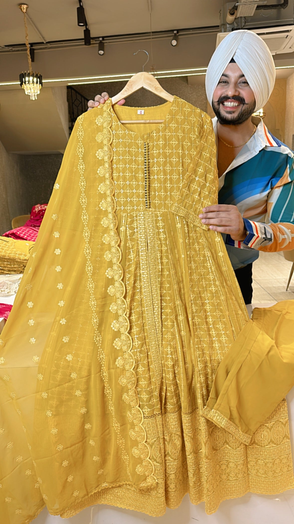 Yellow Georgette Front slit Fully embroidered Anarkali suit