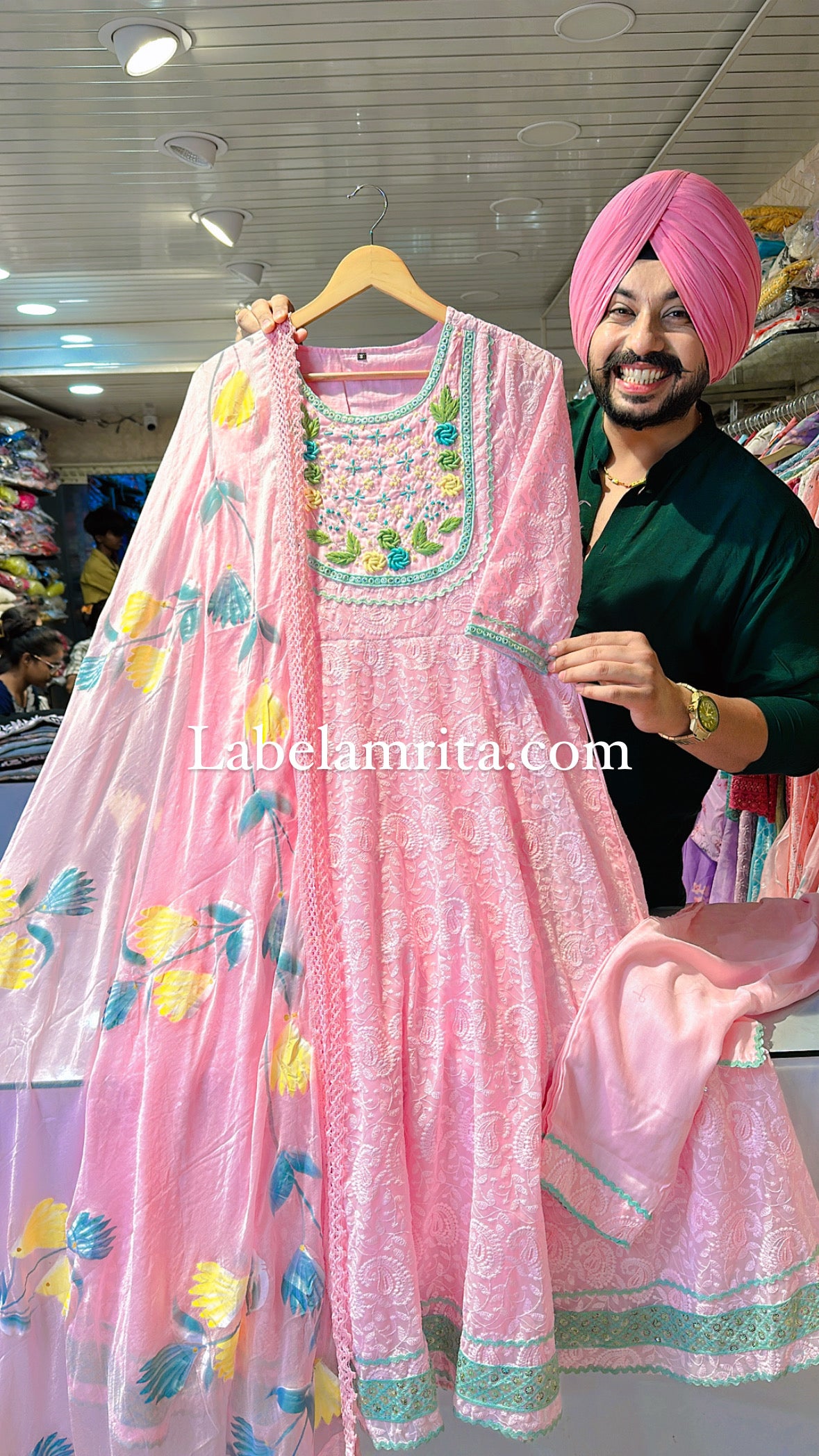 Pink Fully Embroidered Georgette Anarkali Suit with Hand painted  Duppata