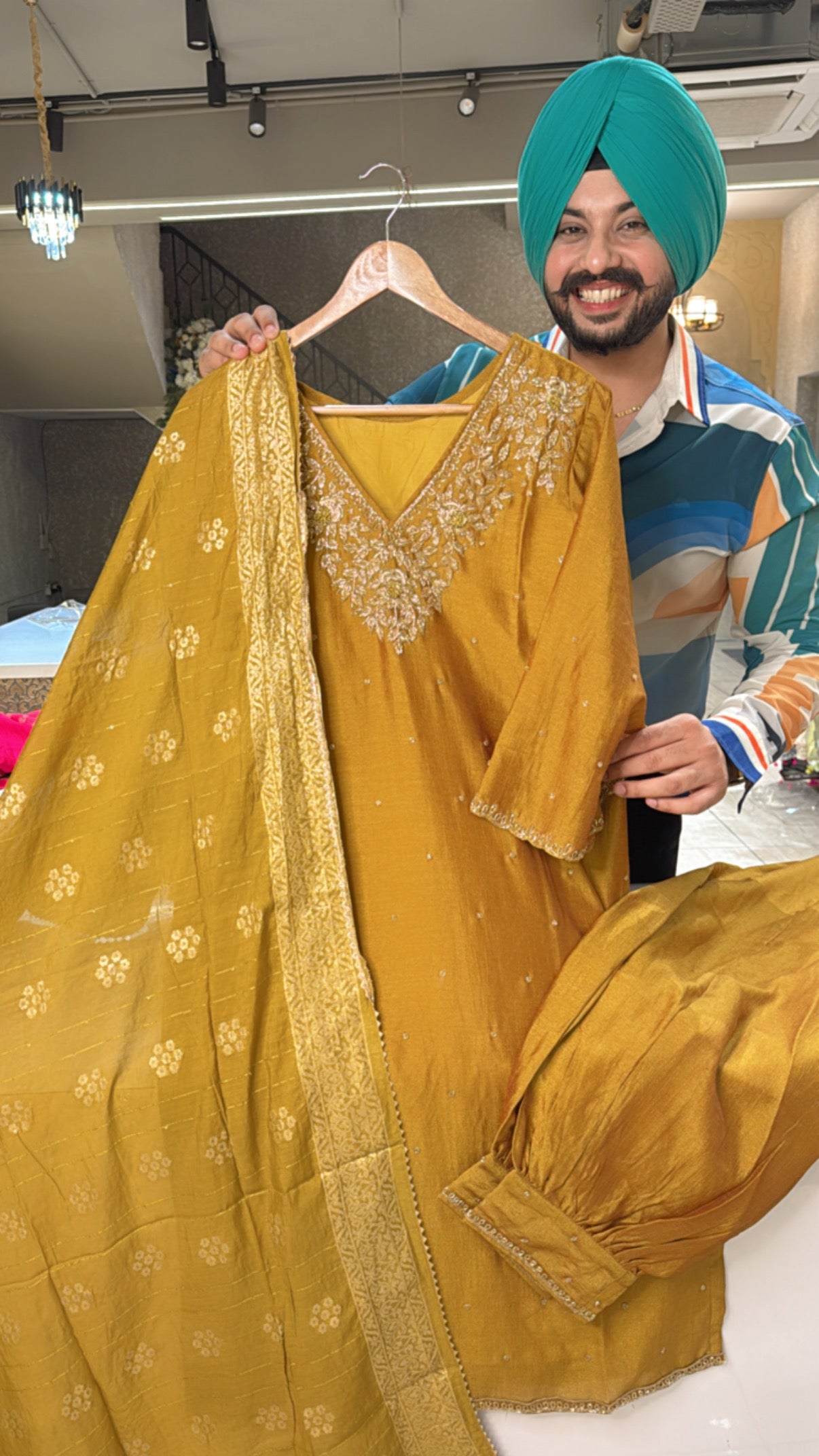 Goldenish Mustard Chinon Hand embroidered Pakistani suit with Pathani pants