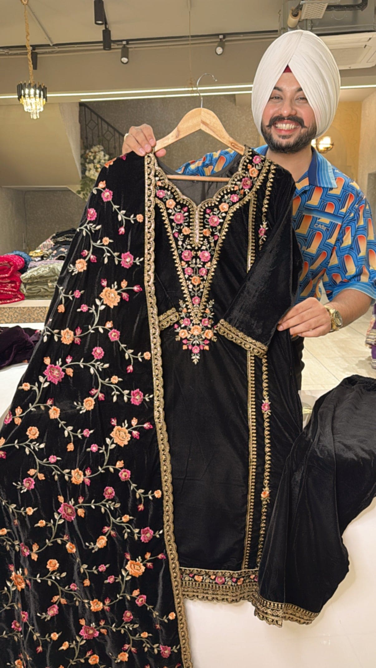 Black premium Velvet suit with Heavy Embroidered Duppata