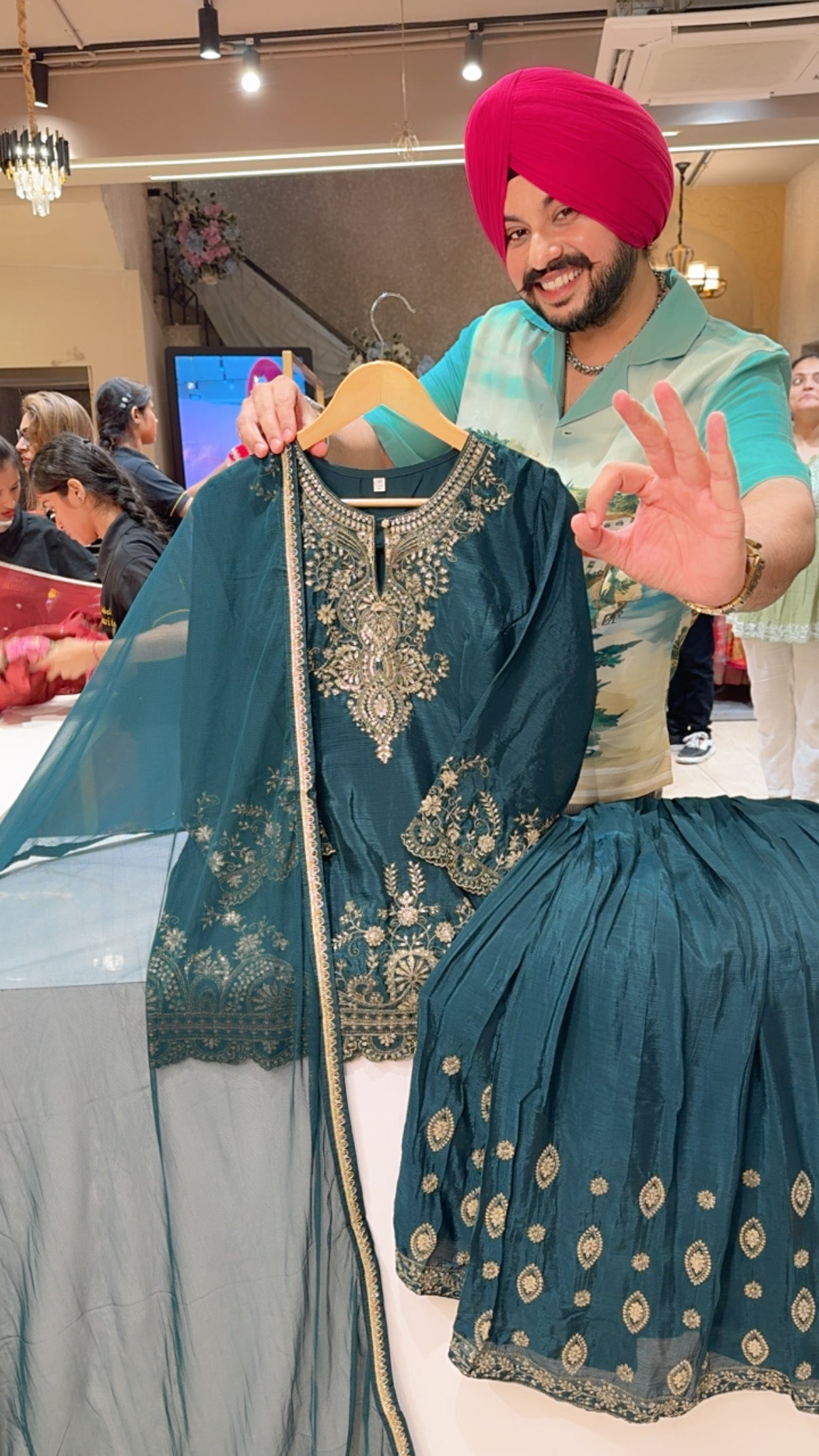 Peacock Green Chinon Heavy embroidered Full Flair Gattering Sharara Set with Net Duppata