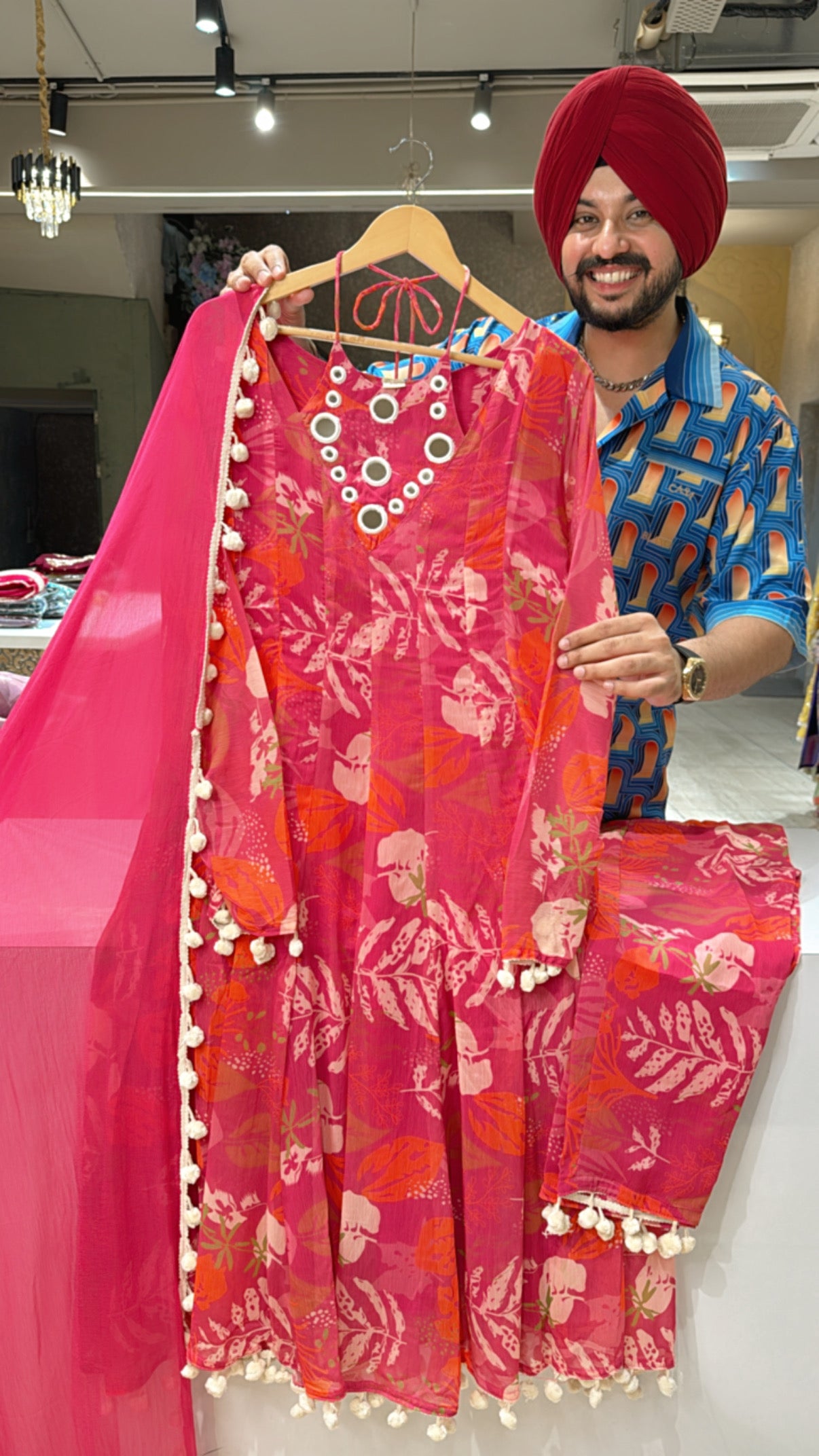 Hot Pink Georgette Designer Mirror Neck Pom-Pom Anarkali suit with Chiffon Duppata