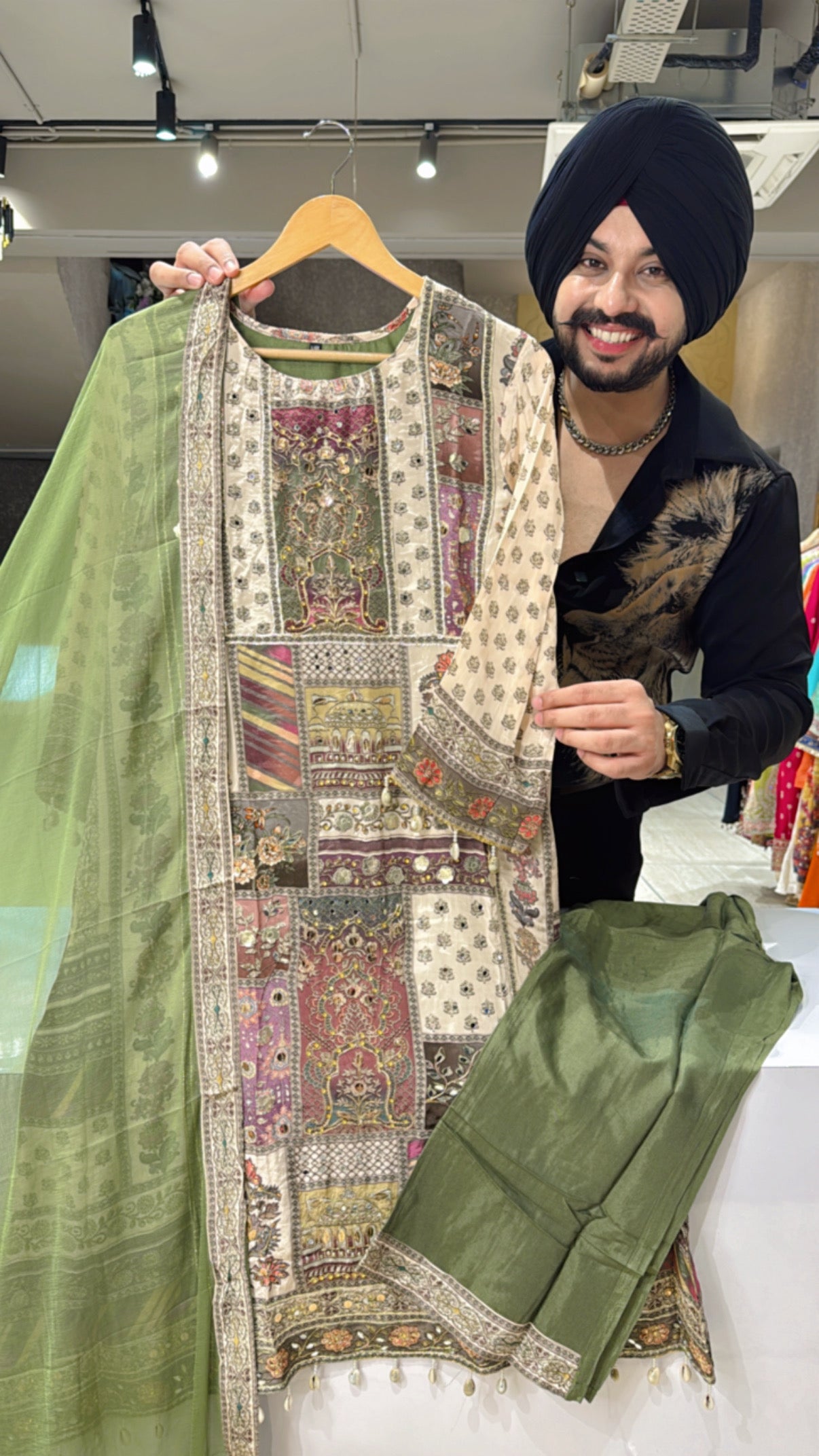 Light Beige & olive Green Viscose Crepe Heavy embroidered A-line Suit with Beautiful Chiffon Duppata