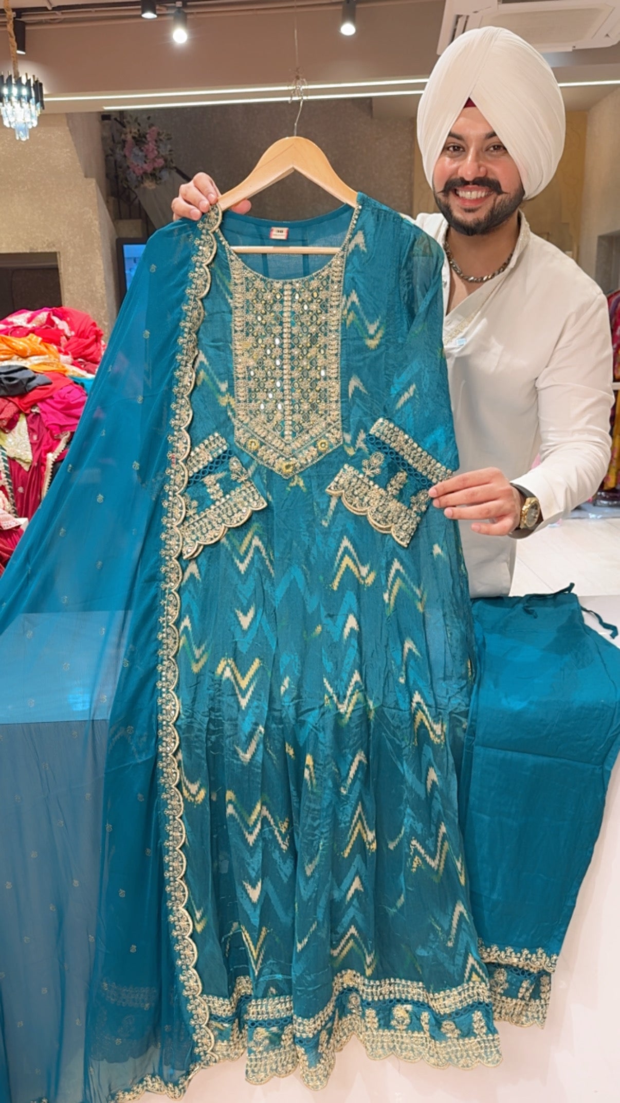Peacock Chinon Embroidered Full flair Party Wear Anarkali suit with Beautiful Duppata