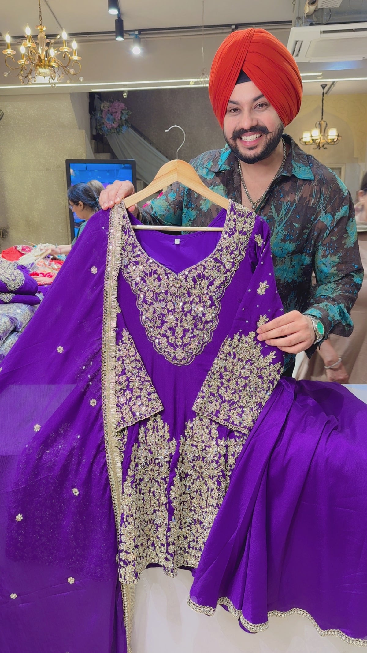 Purple Chinon Front & Back Heavy Hand embroidery & Mirror Pasting Partywear Sharara Suit