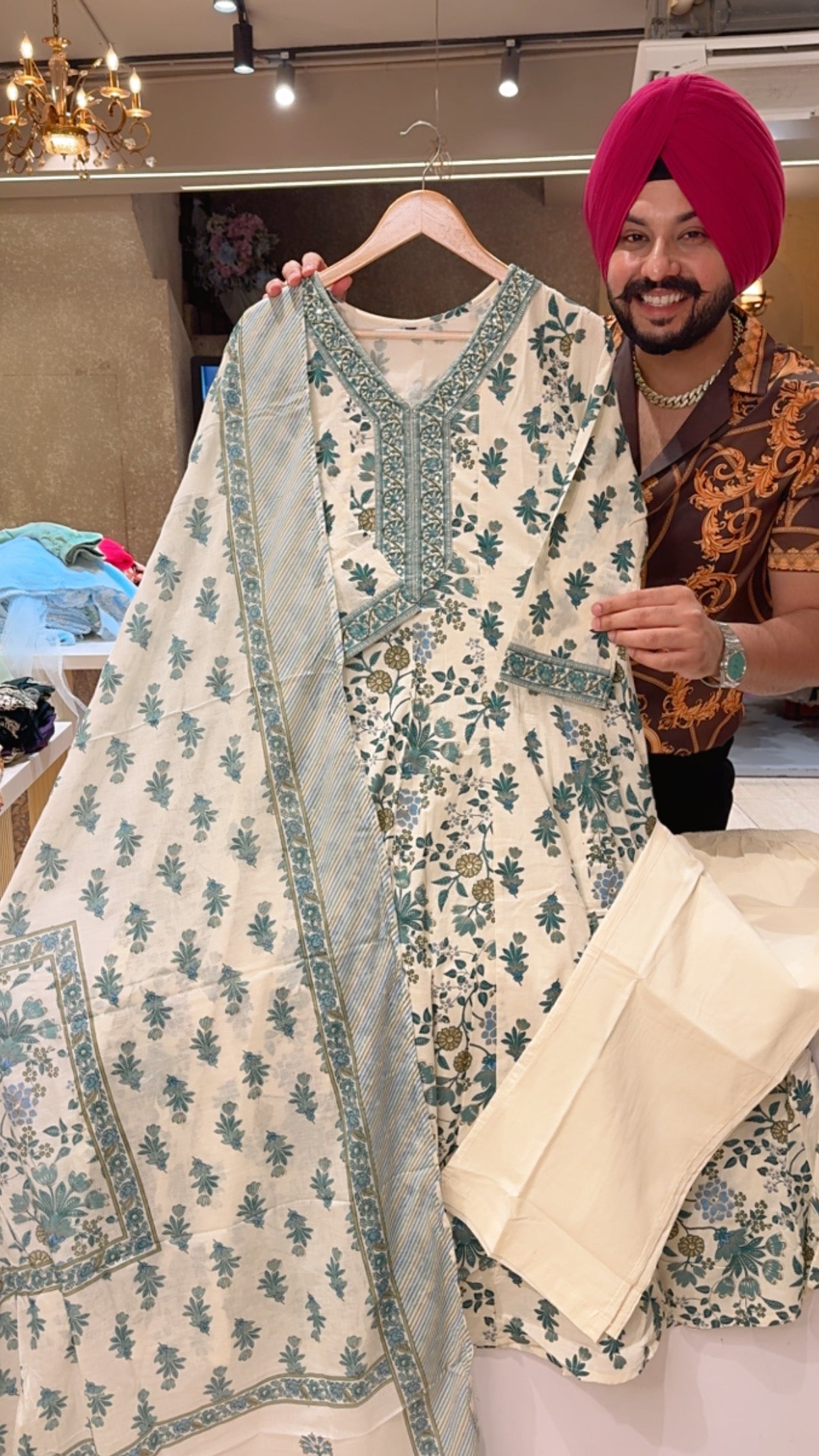 Off White & Rama Pure Cotton Floral Print Office wear Anarkali Suit with Sleek Hand work on Neck