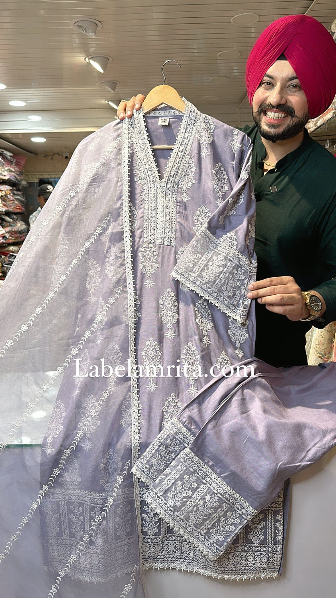 Lavender Rayon Embroidered Pakistani Suit with organza Duppata