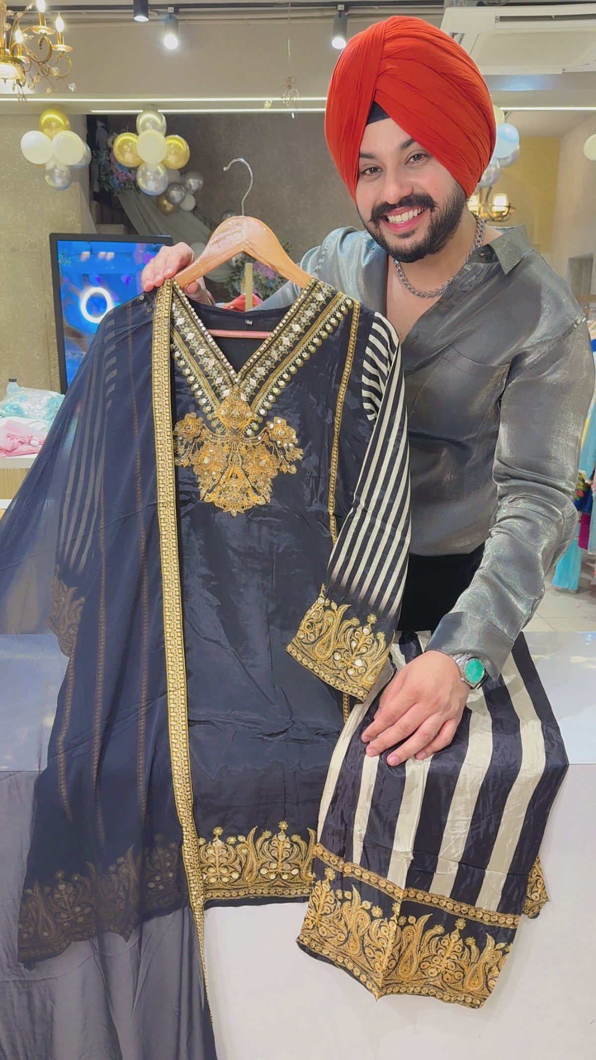 Black Premium Crepe C-cut Indowestern Suit with Beautiful Chiffon Duppata