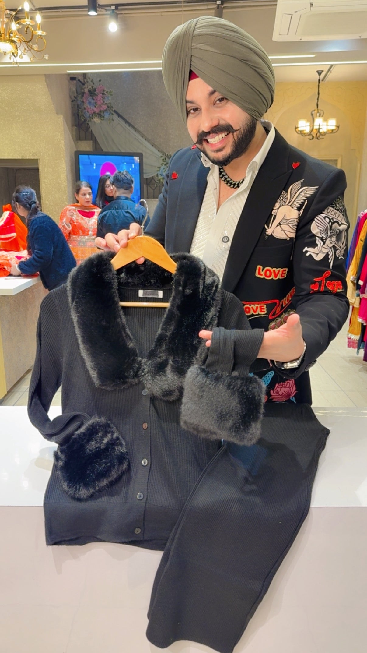 Black Imported Woolen Western Coord set with Stylish Furr on Neck & sleeves