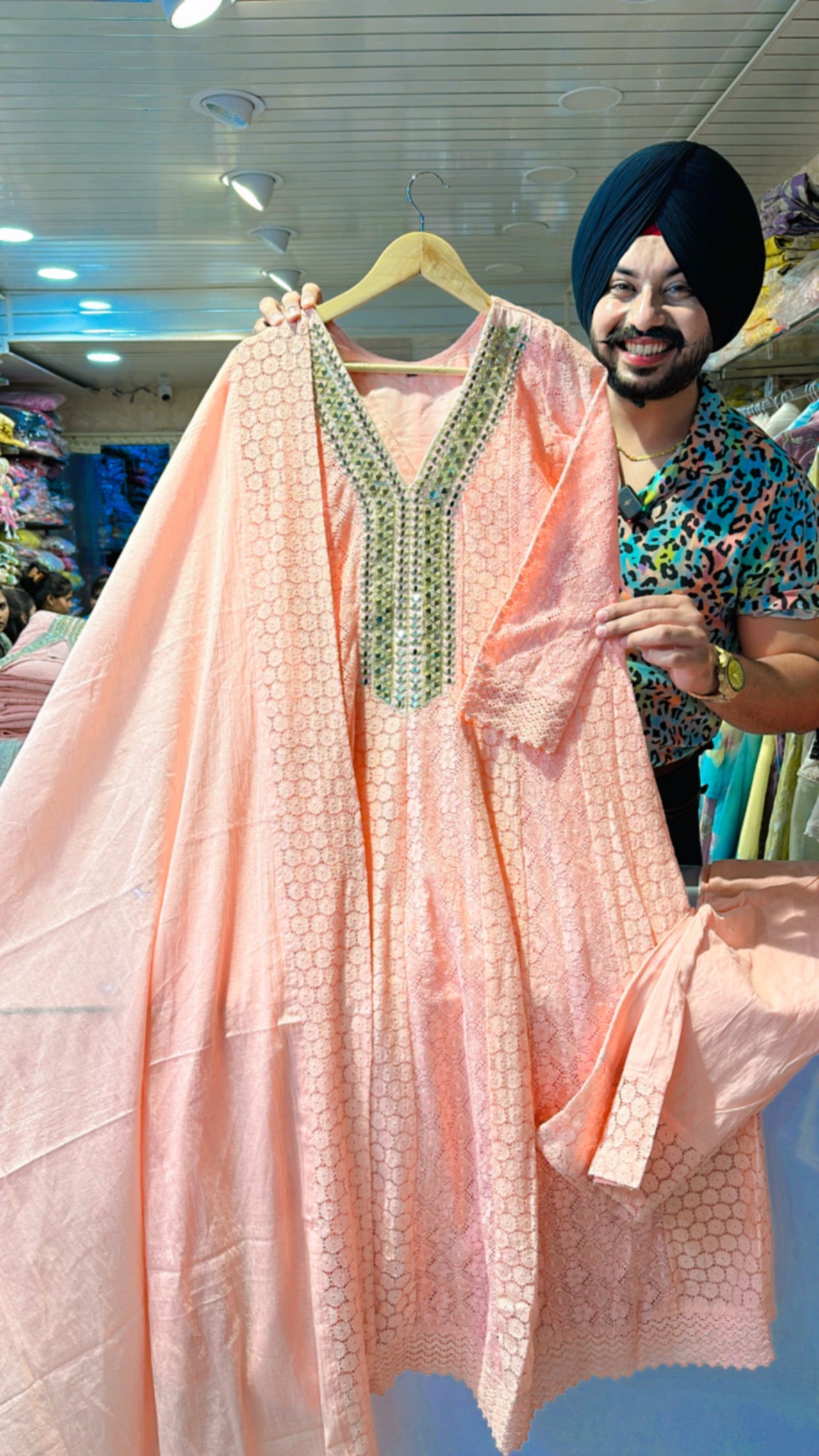 Peach Crochet Lace Anarkali suit with Beautiful mirror work on Neck