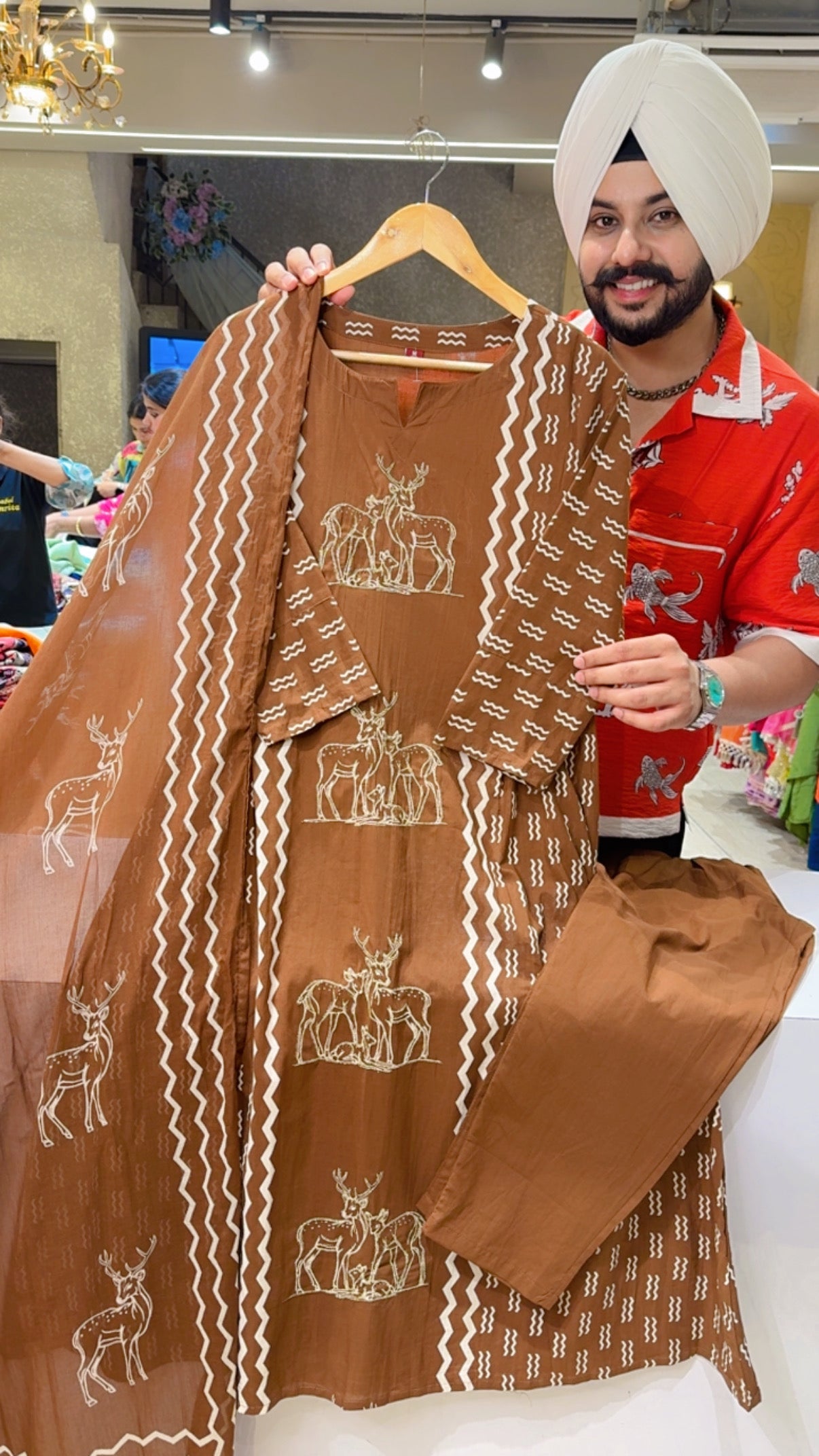 Chocolate Brown Deer Print Soft Cotton A-line Hand Embroidered Indowestern Suit