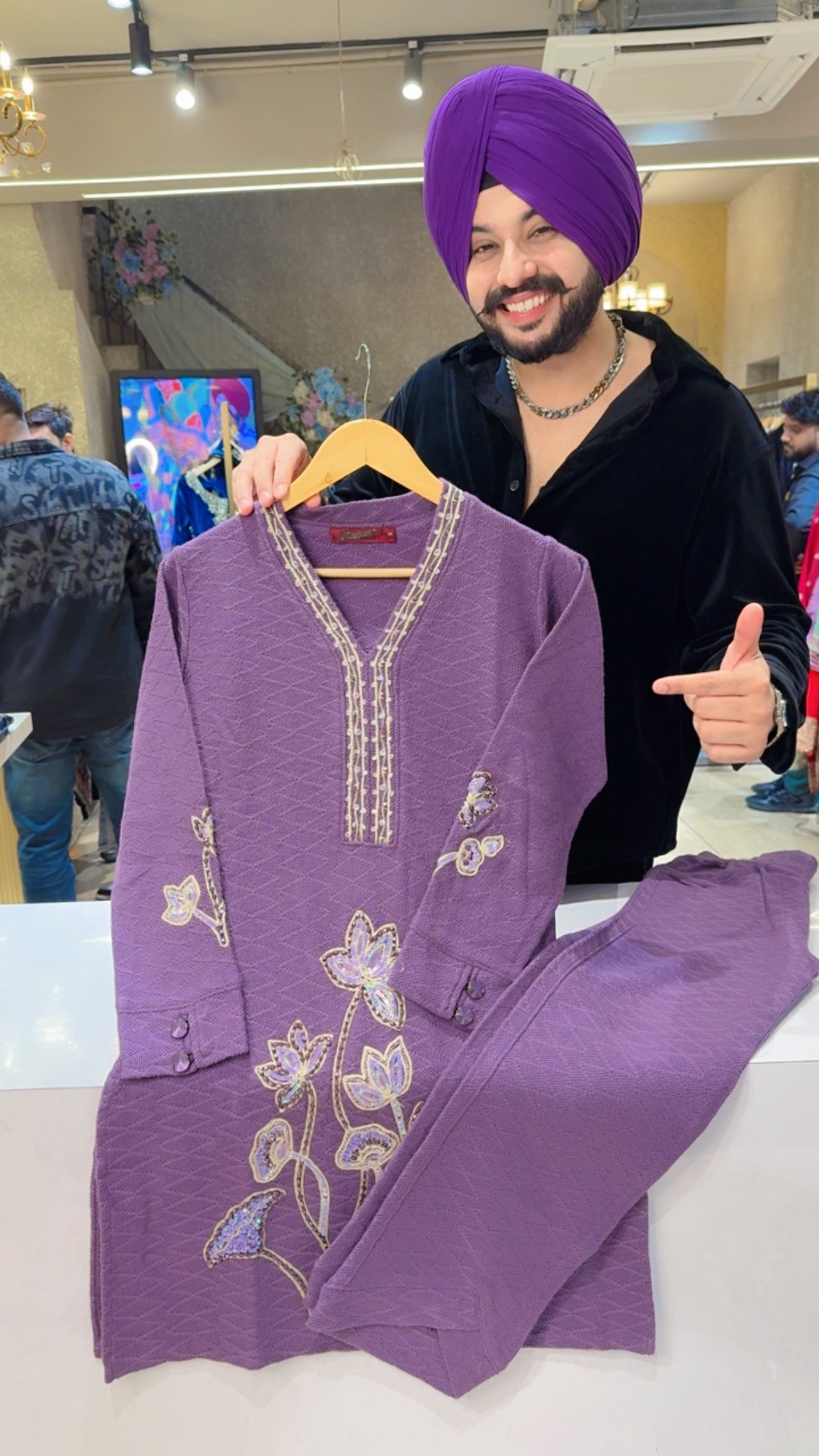 Deep lavender Premium Woolen Hand embroidered Party Wear Long Length Coord set