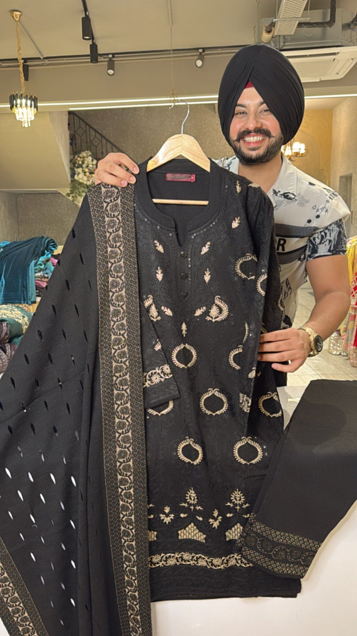 Black premium Woolen Heavy embroidered Straight Suit with Cut work Duppata