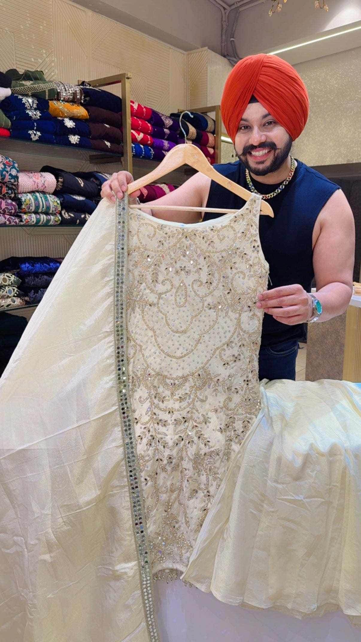 Ivory Colour Fully Hand & Mirror Work Boat Neck Paplum Sharara Suit