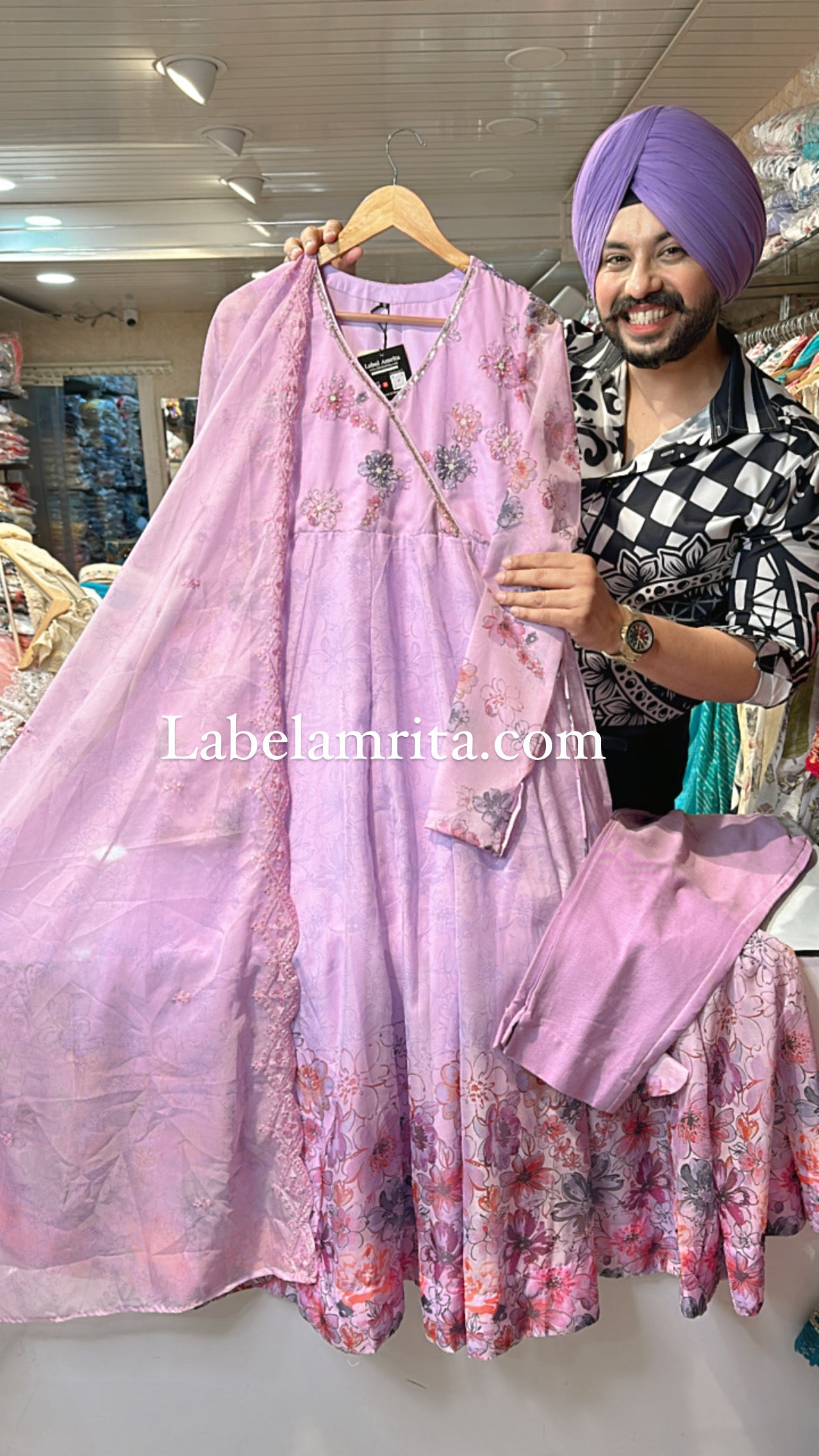 lilac Organza Premium Anarkali suit with Hand work on neck
