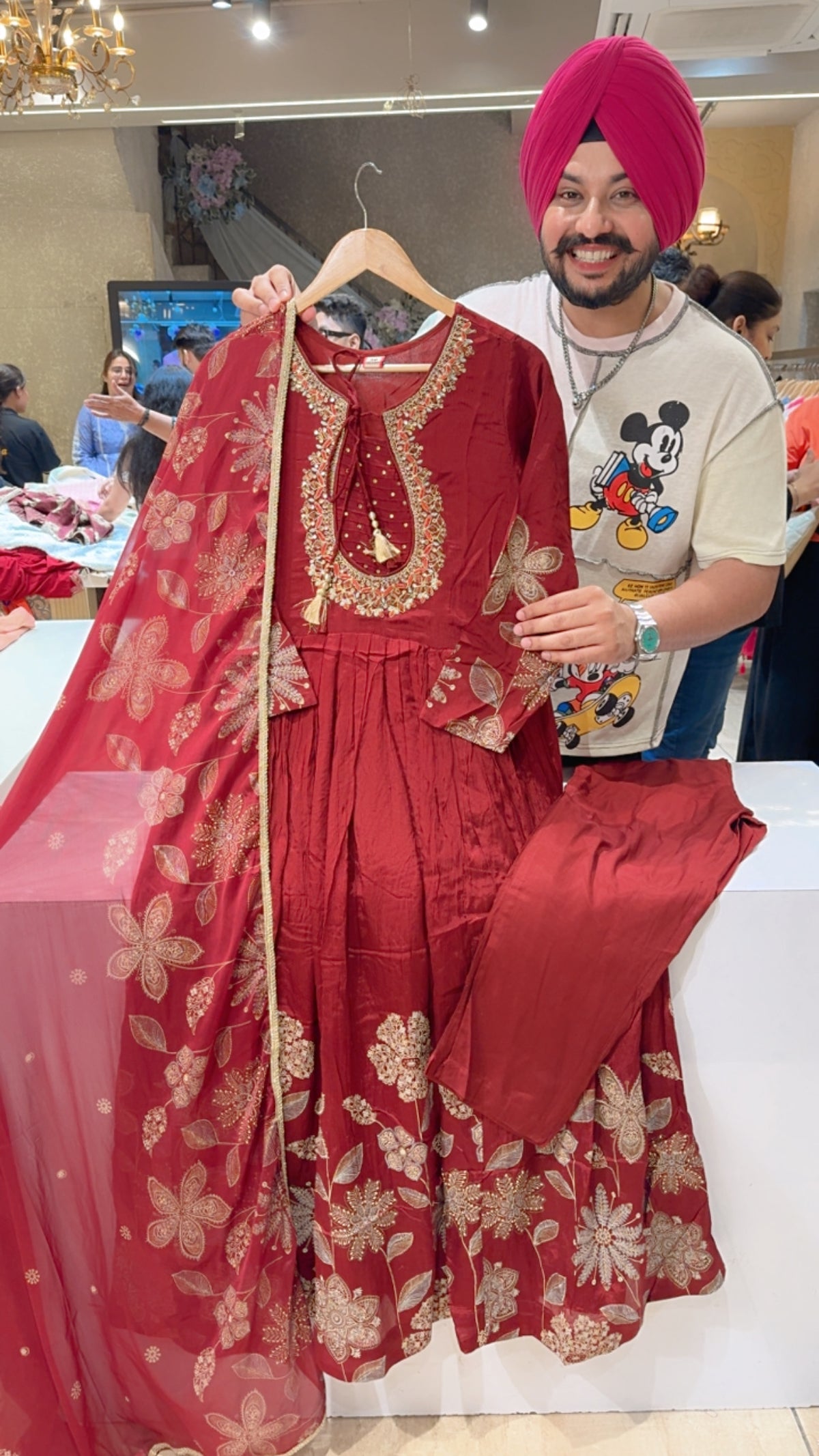 Maroon Chinon Designer Neck Embroidered & Block Printed Full Flair Party Wear Anarkali Suit