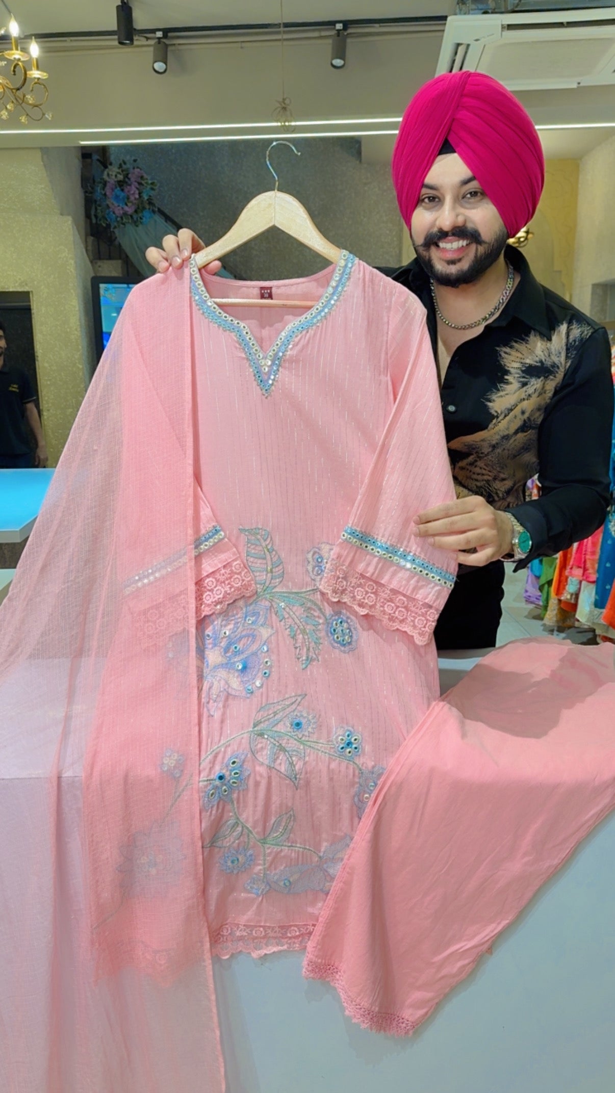 Pink Premium Cotton beautiful Floral Embroidered Straight Suit with Kota Doria Duppata