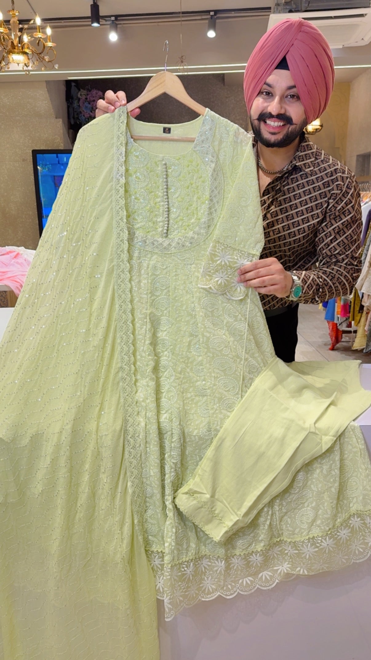 Pastel Green Georgette Self Embroidered Full Flair Anarkali Suit with Sequins Work Chiffon Duppata