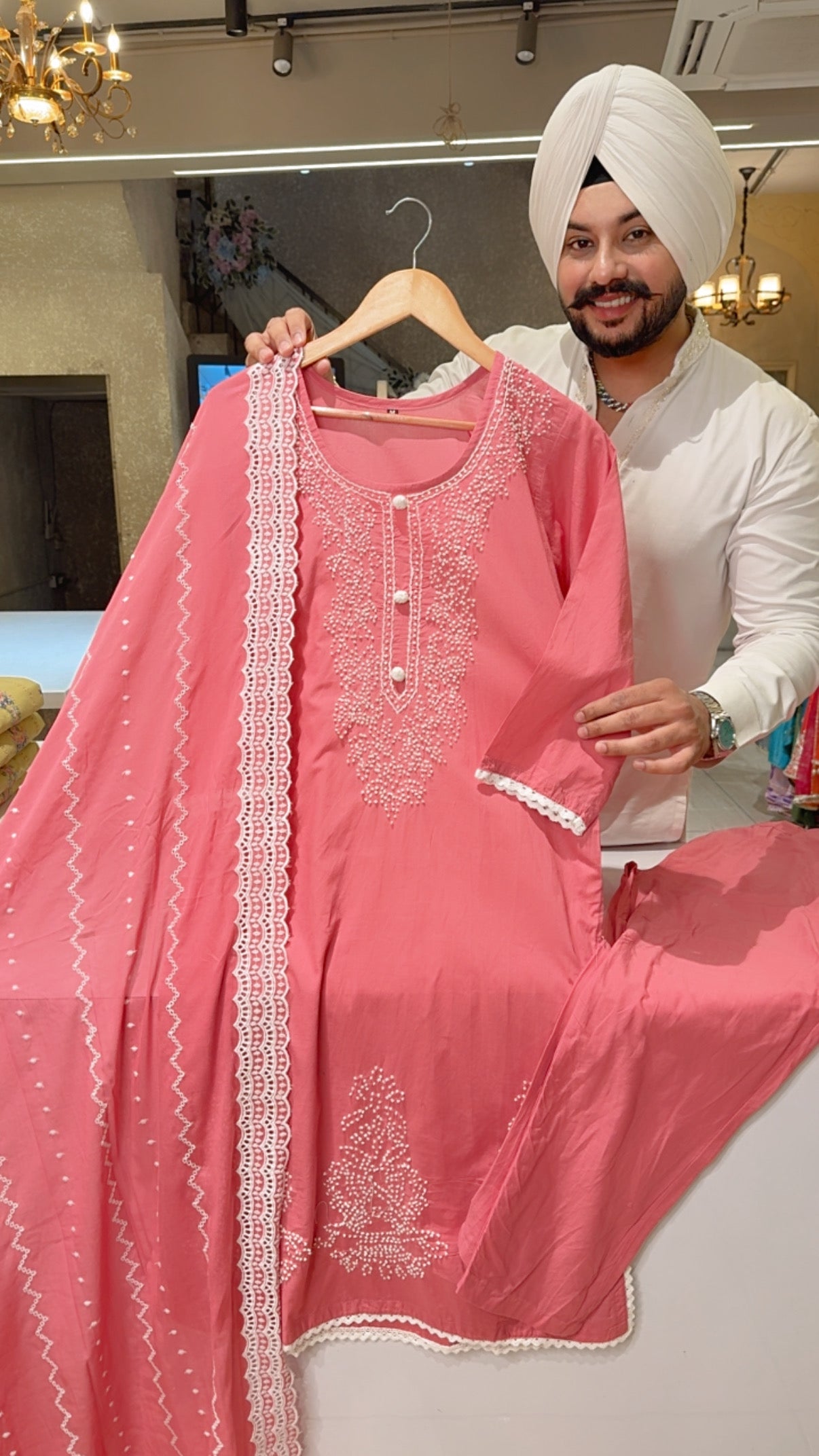 Gajri pink Soft Cotton Lucknowi Style Embroidered Straight Suit with Fully Embroidered Duppata