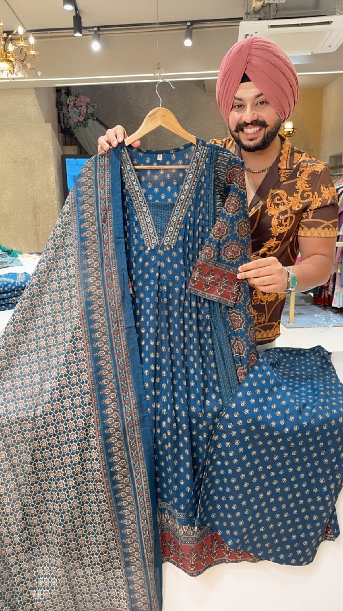 Blue Pure Cotton Jaipuri Print A-line Plazo Suit with Sleek Pearl Work on neck