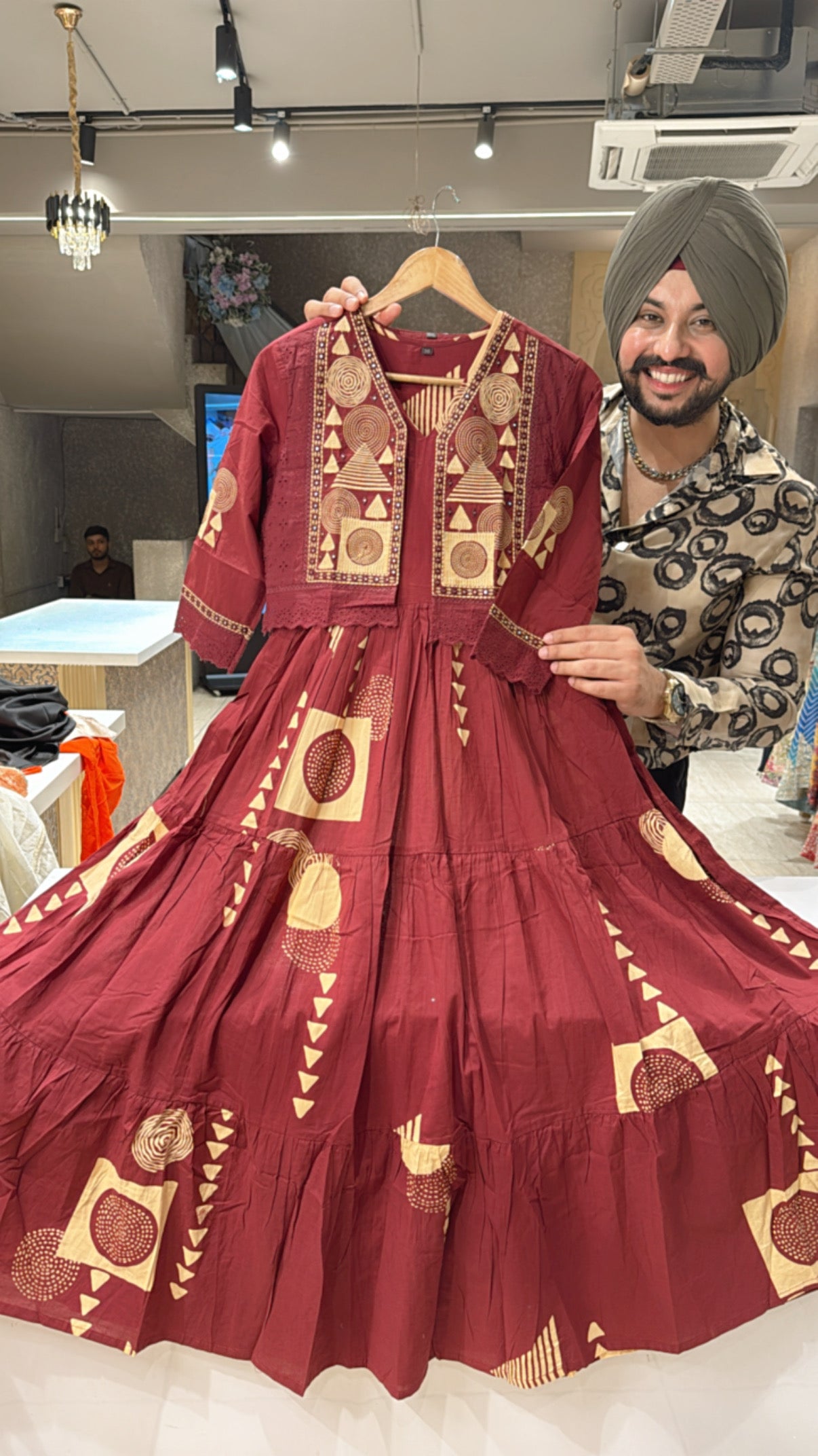 Maroon Pure Cotton Indo Western Dress with embroidered Short Jacket