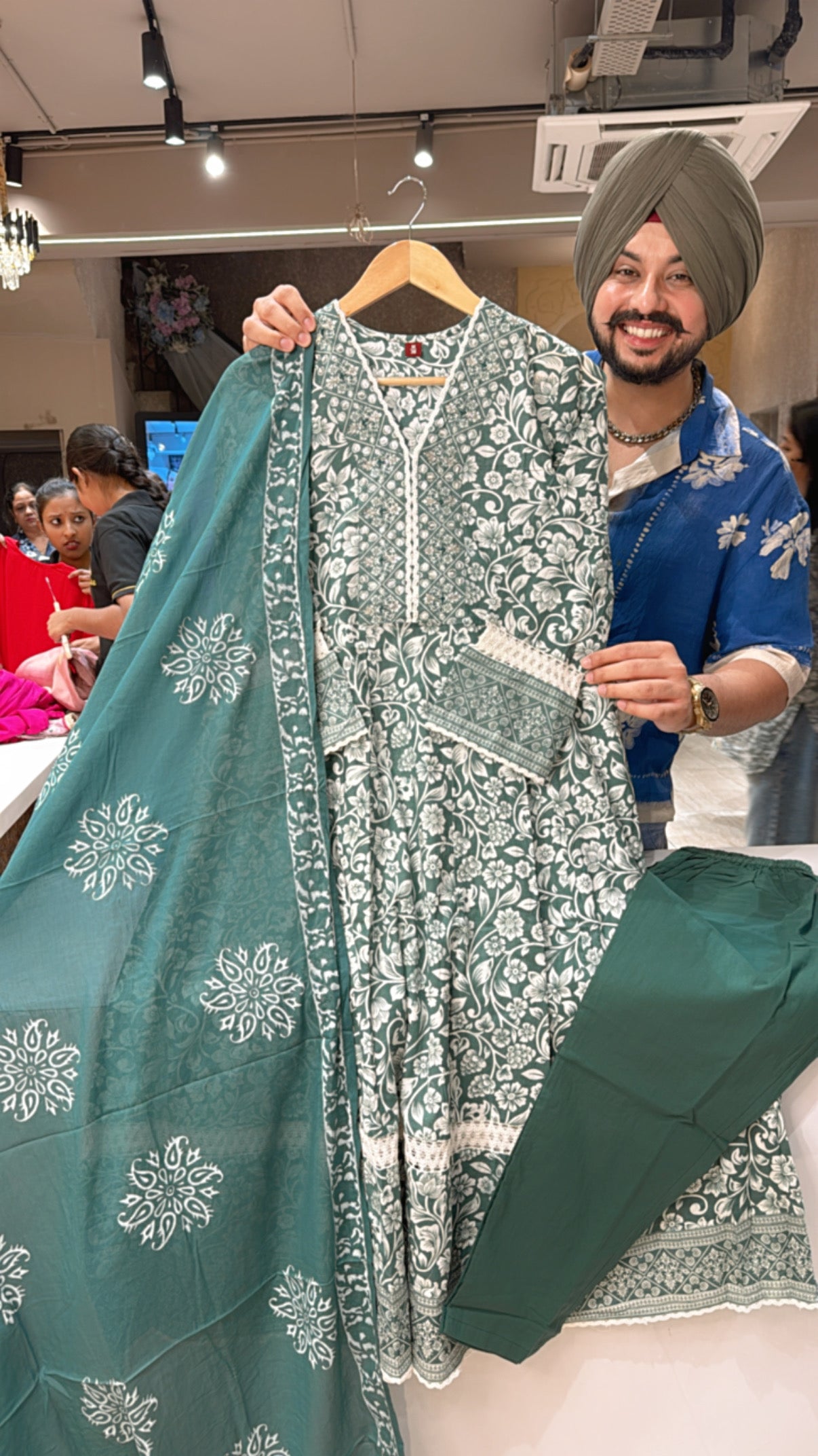 Dark Sea Green Pure Cotton Office Wear Anarkali suit with sleek Embroidery work on neck & beautiful Duppata
