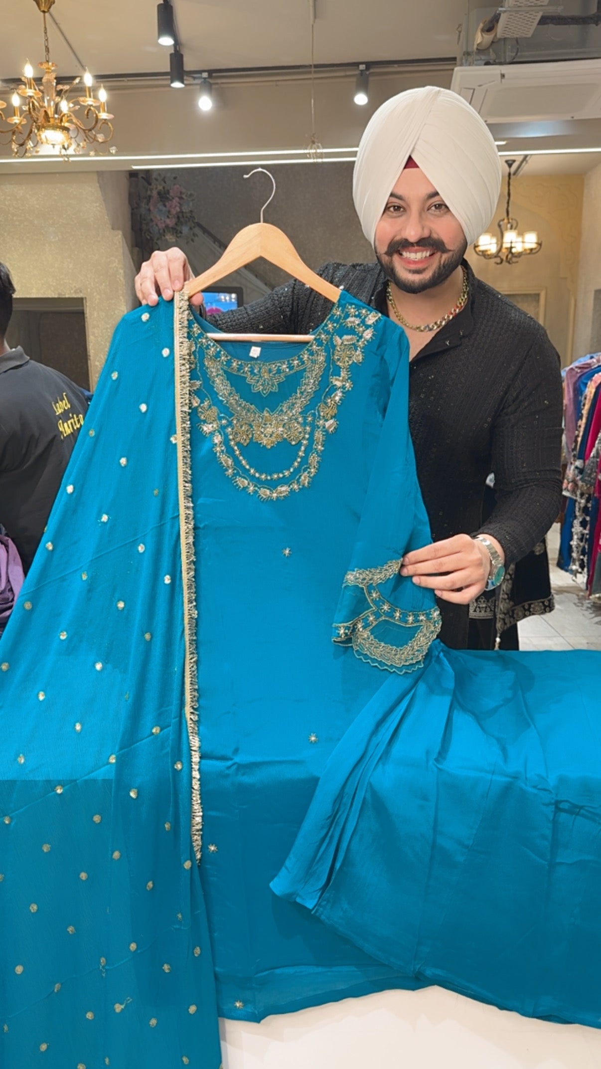 Firozi Chinon Party Wear Straight Suit with Hand embroidery Work on Neck & Sleeves