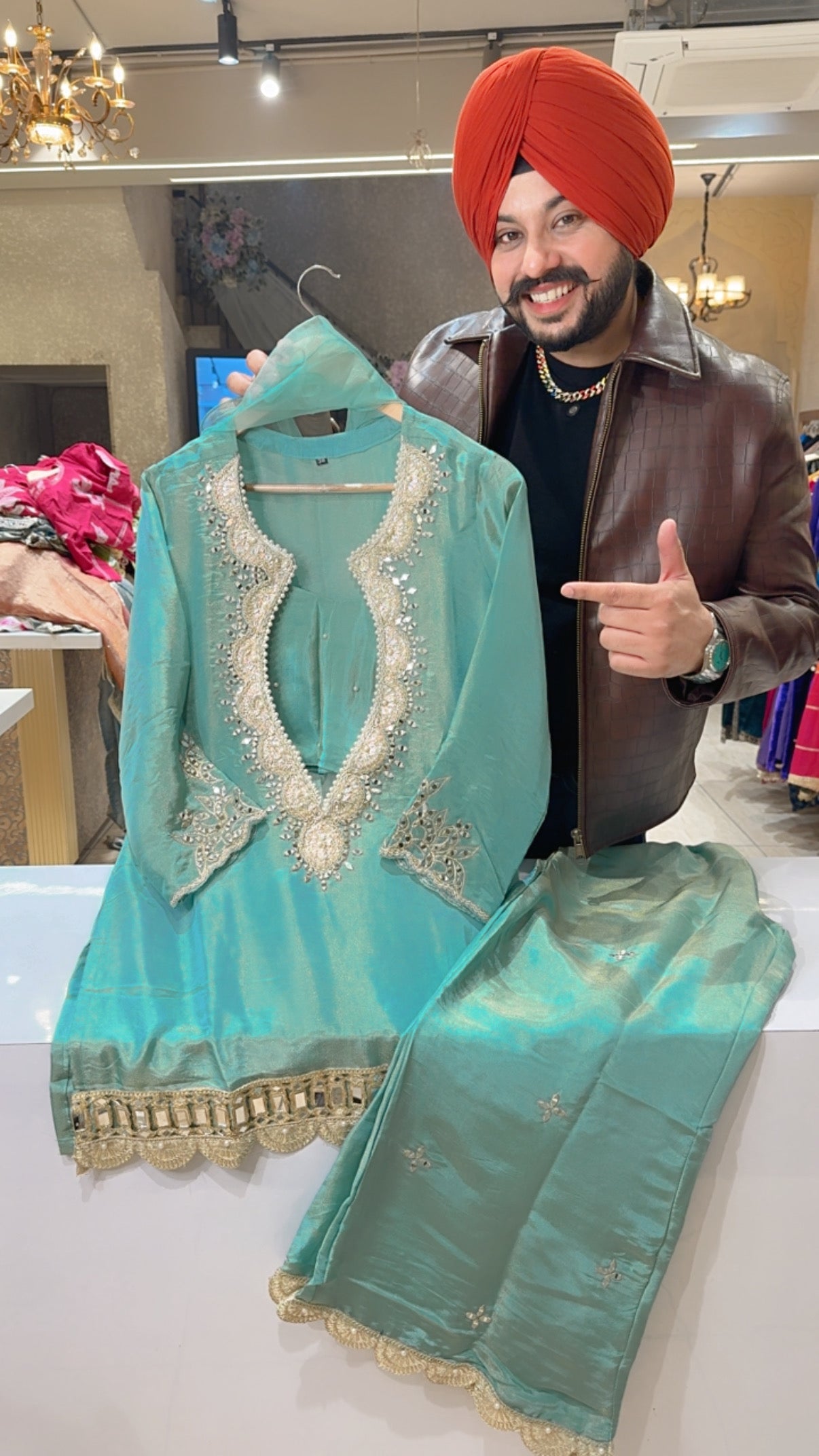 Light Sea Green Shimmer Silk Heavy Embroidered Indowestern Set with Stylish Bustier & Frill Duppata