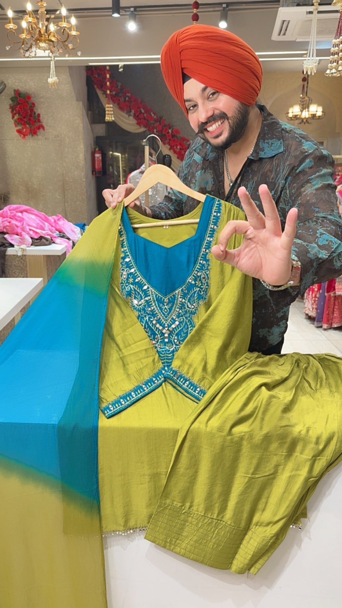 Light Mehendi Soft Silk Embroidered Semi formal Farshi Salwar Suit