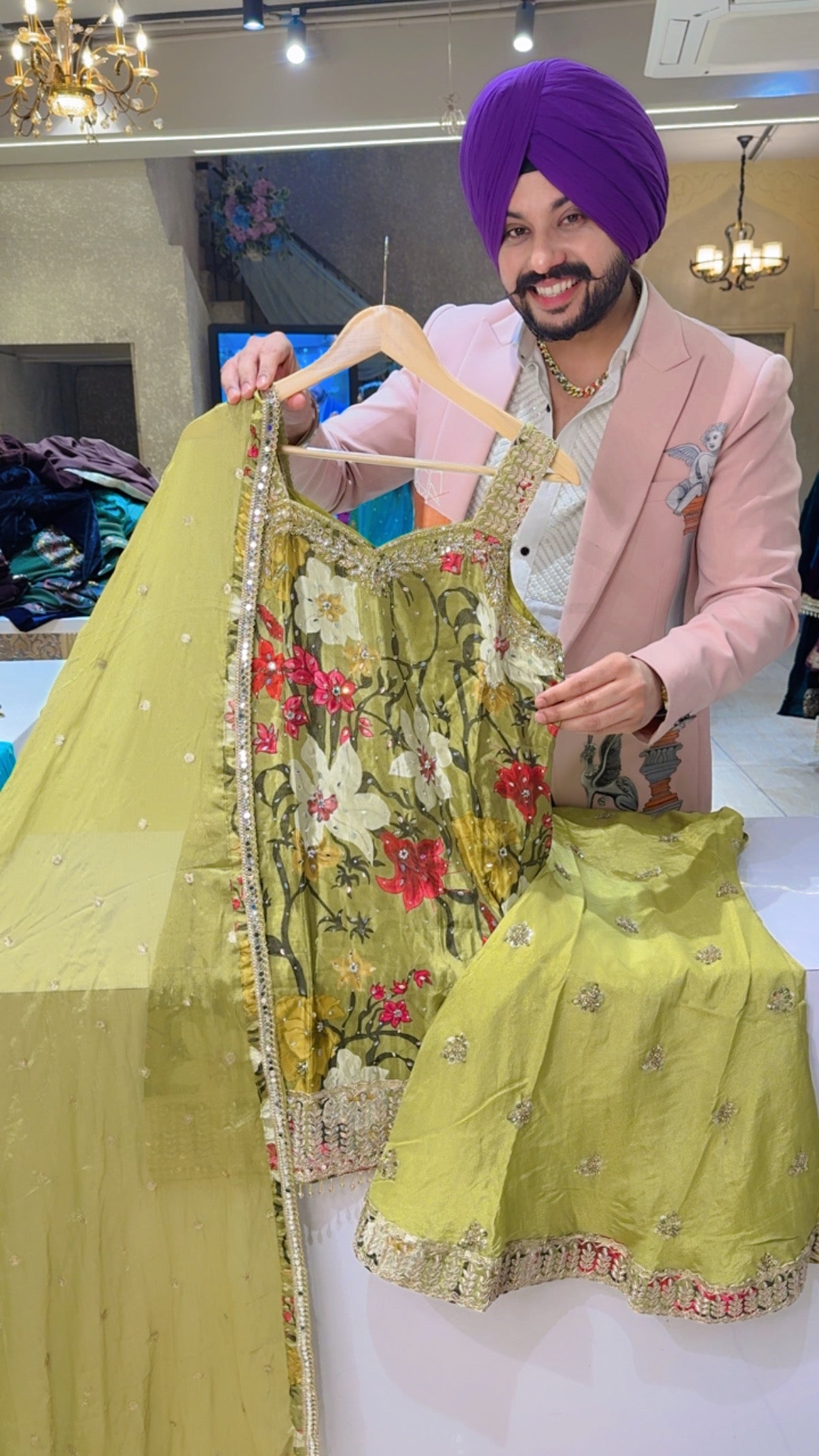 Light olive Floral Print party Wear Bell Bottom Suit with Beautiful Sequins Work Duppata